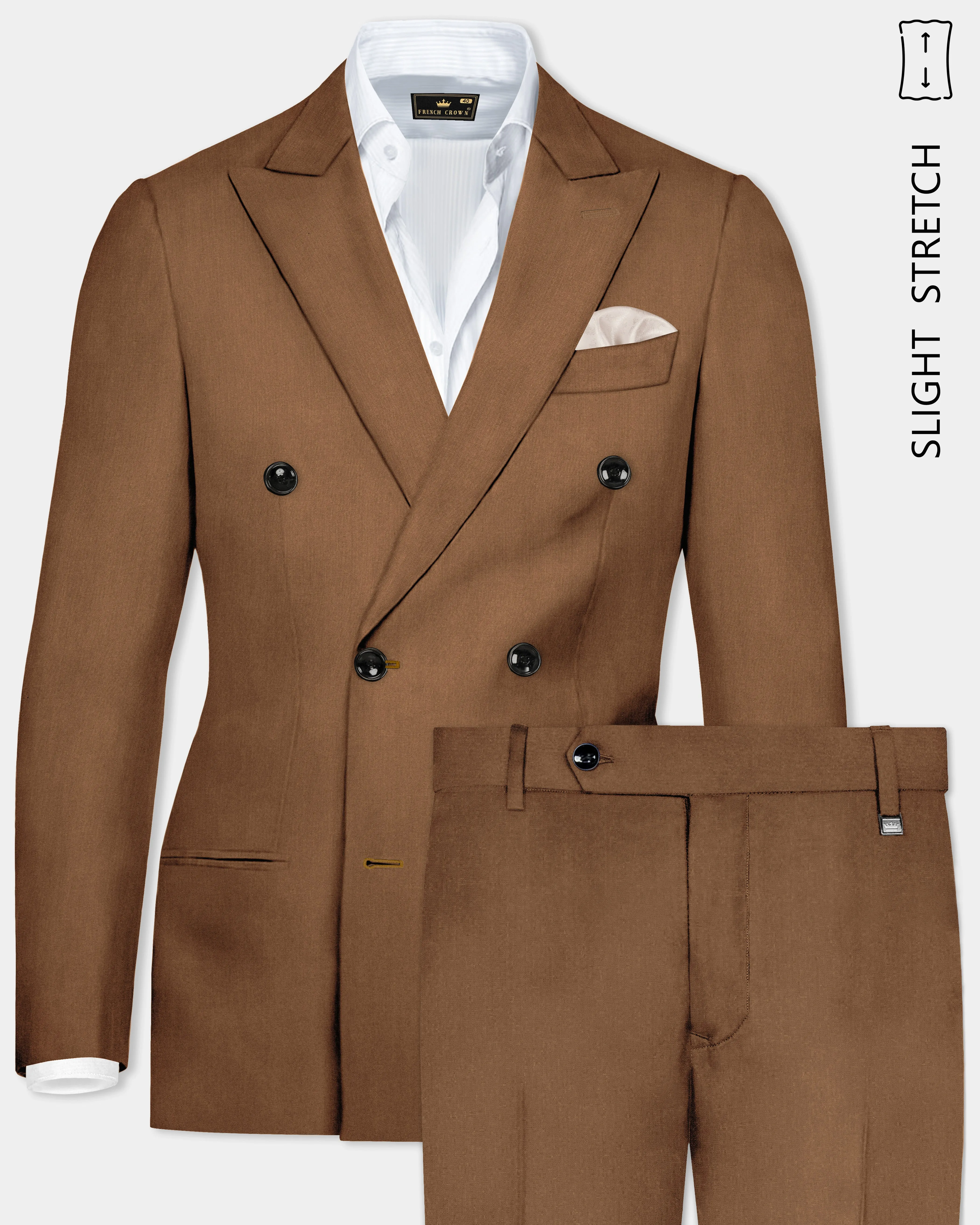 Bronze-Tawny Brown Solid Wool Rich Double Breasted Slight Stretch Suit sold by French Crown