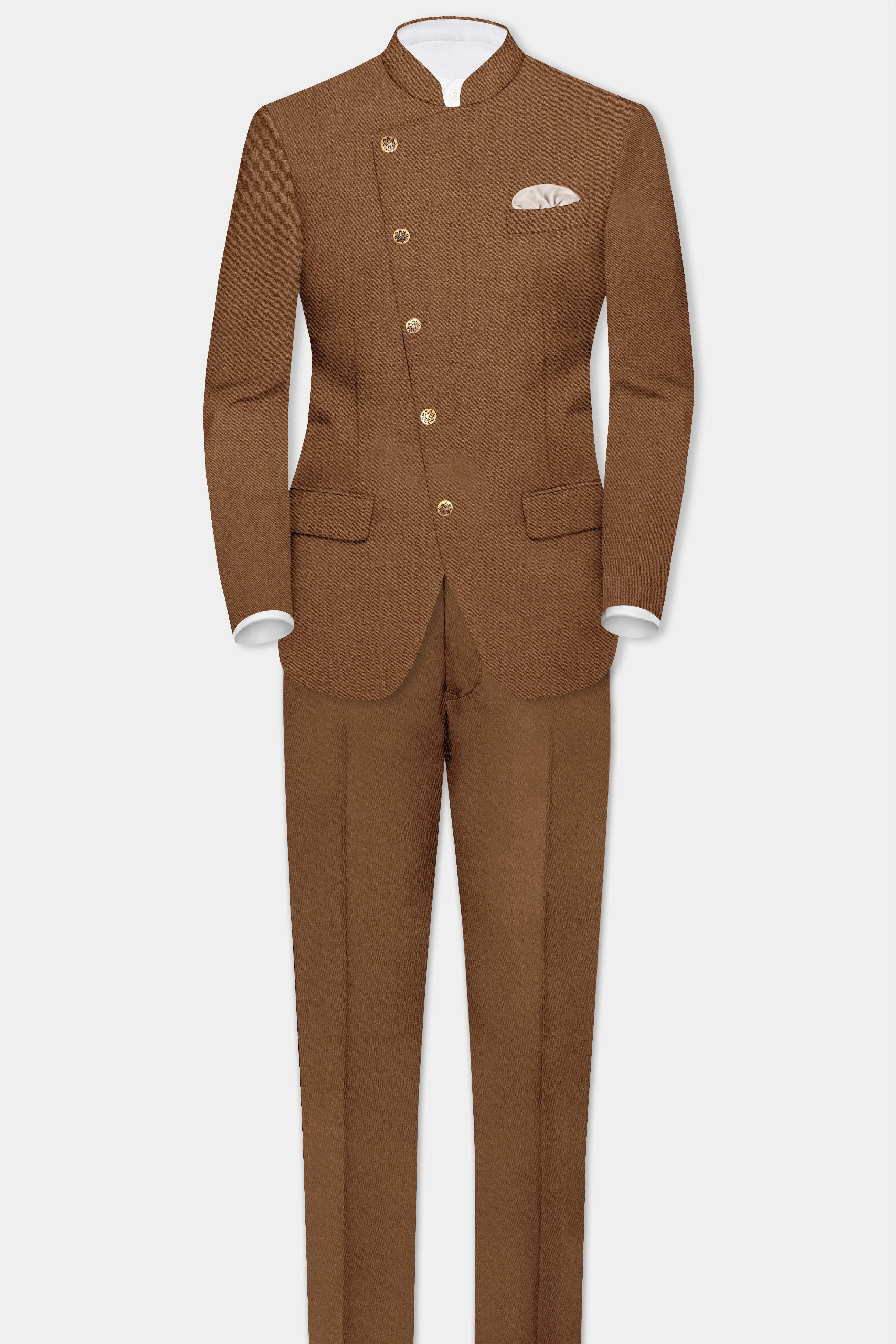 Bronze-Tawny Brown Solid Wool Rich Cross Placket Bandhgala Slight Stretch Suit sold by French Crown product image thumbnail 4