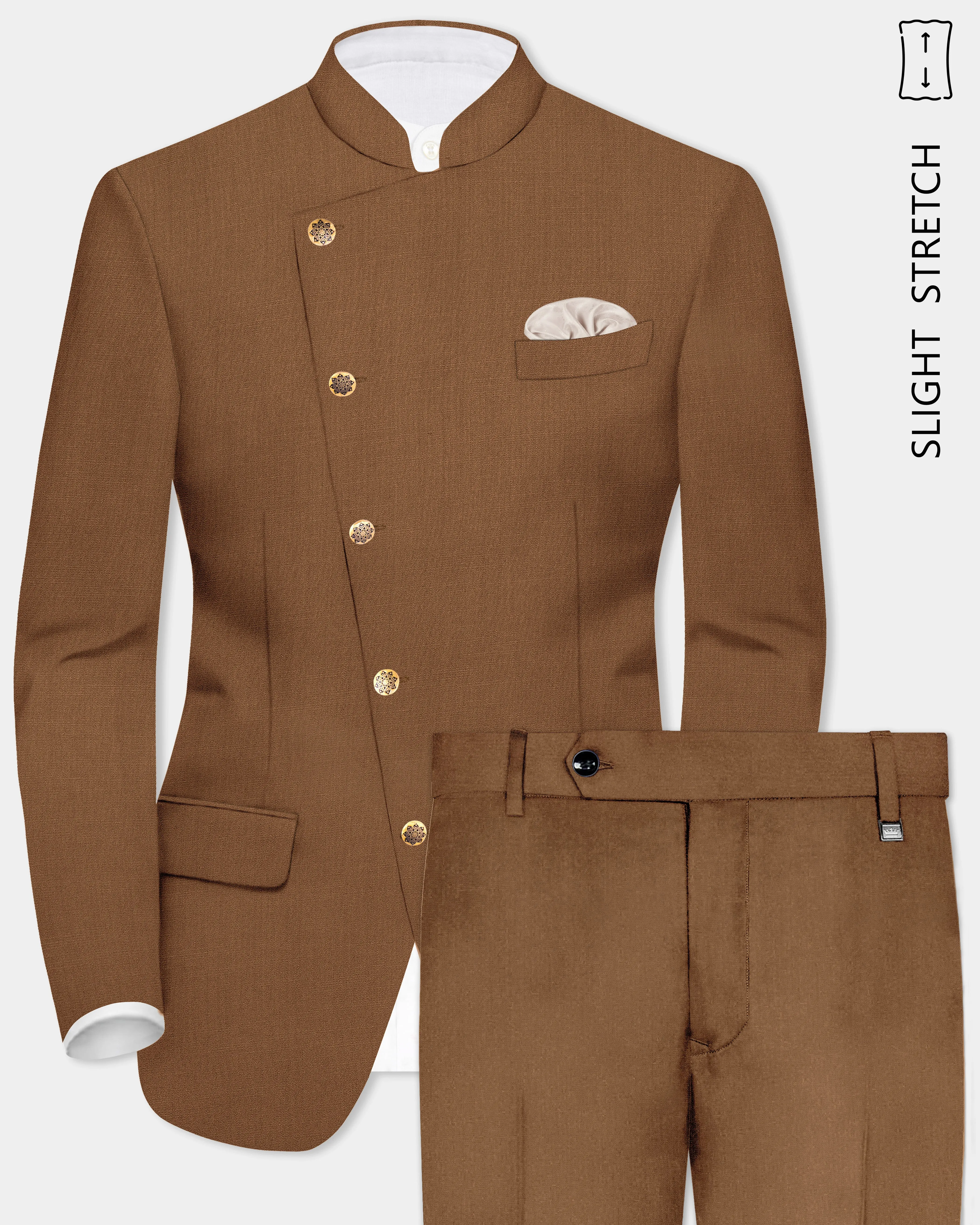 Bronze-Tawny Brown Solid Wool Rich Cross Placket Bandhgala Slight Stretch Suit sold by French Crown