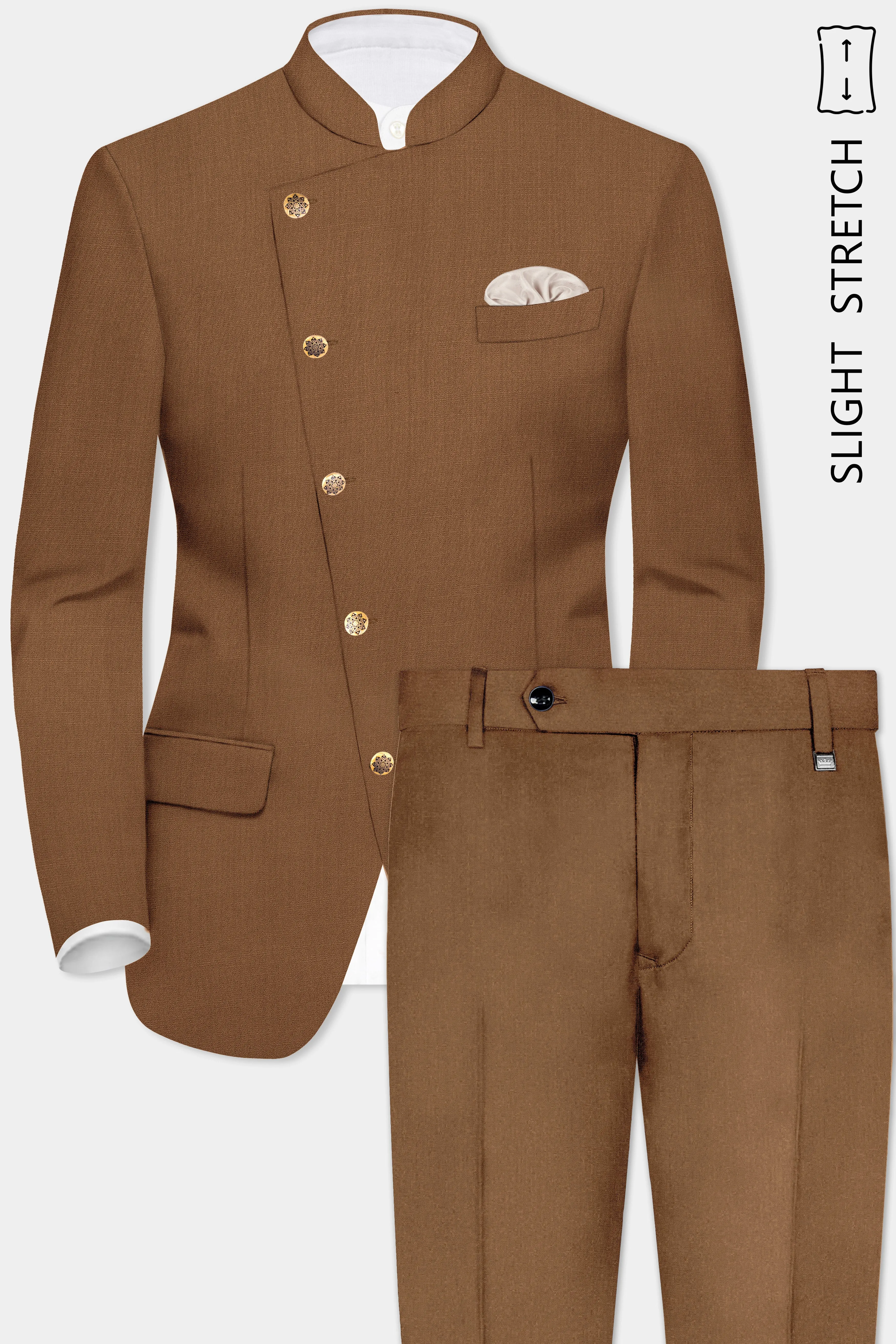 Bronze-Tawny Brown Solid Wool Rich Cross Placket Bandhgala Slight Stretch Suit sold by French Crown product image thumbnail 2
