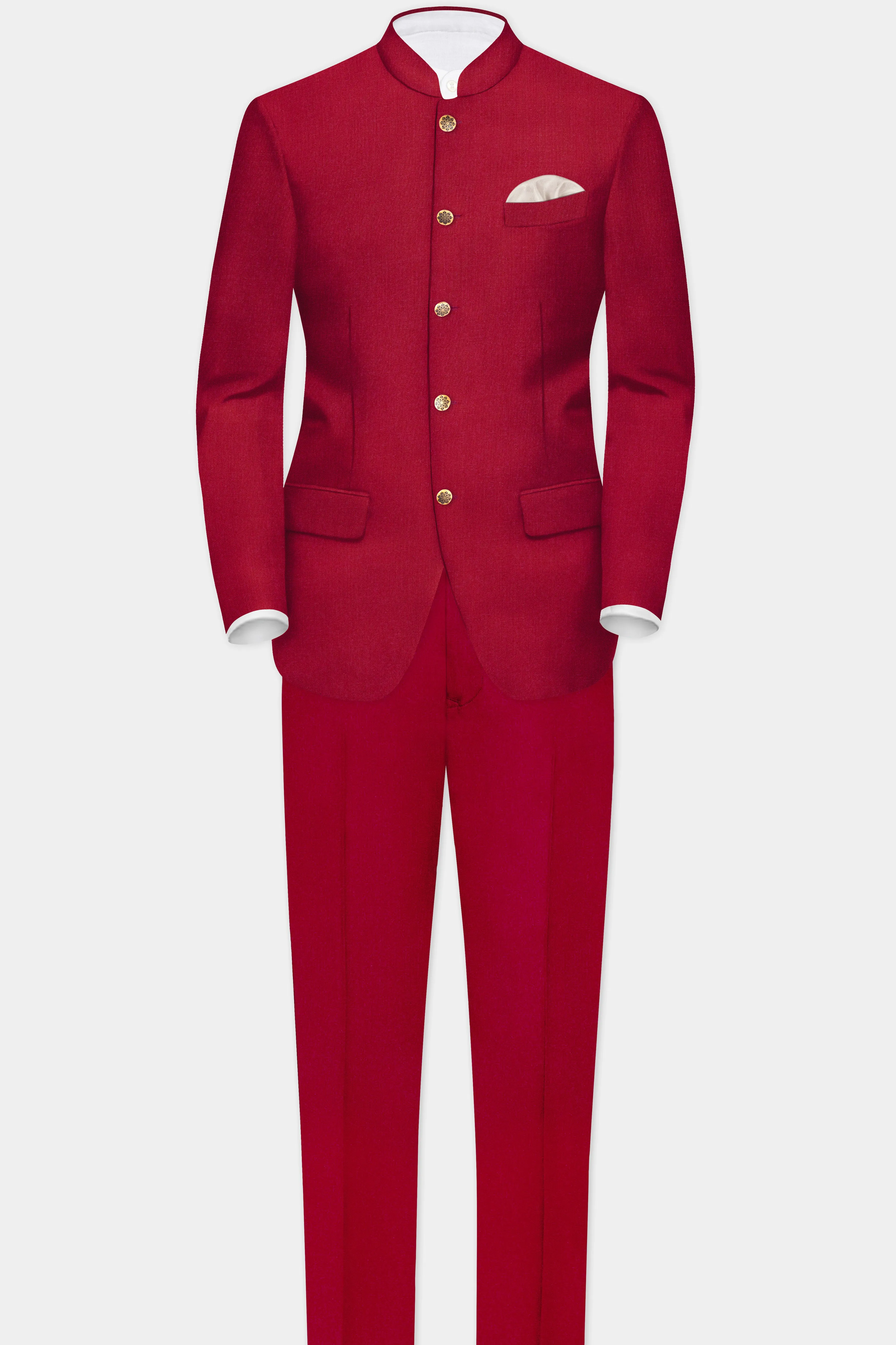 Vermilion-Chili Red Solid Wool Rich Bandhgala Slight Stretch Suit sold by French Crown product image thumbnail 4