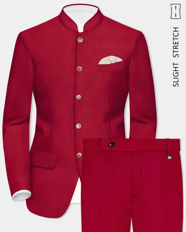 Vermilion-Chili Red Solid Wool Rich Bandhgala Slight Stretch Suit sold by French Crown