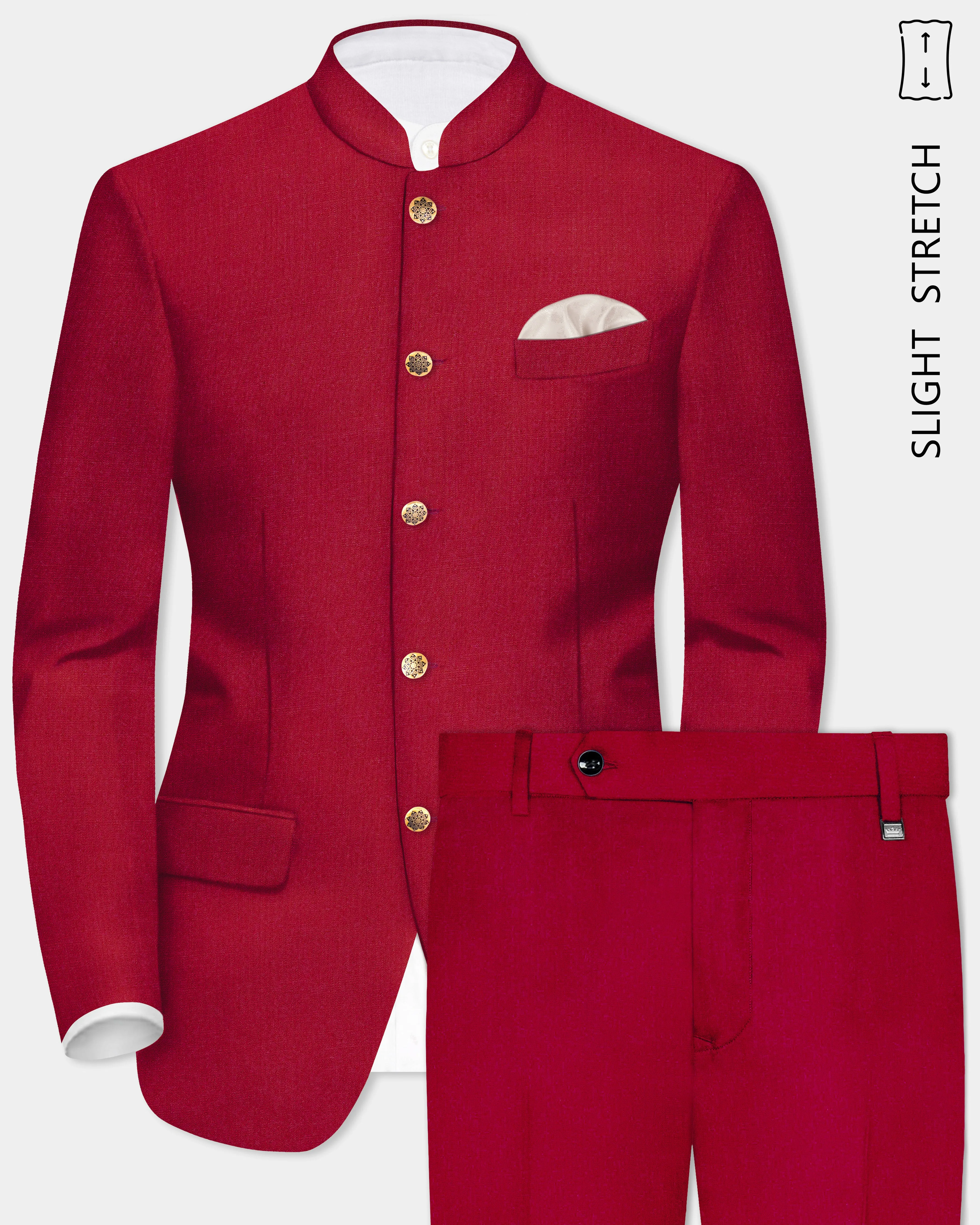 Vermilion-Chili Red Solid Wool Rich Bandhgala Slight Stretch Suit sold by French Crown