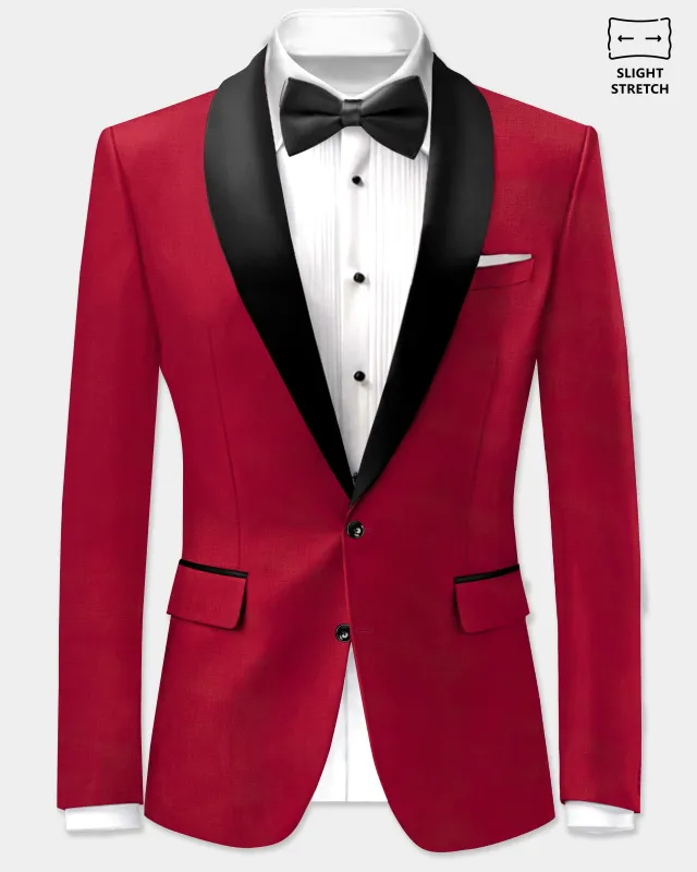 Vermilion-Chili Red Solid Wool Rich Tuxedo Slight Stretch Blazer sold by French Crown