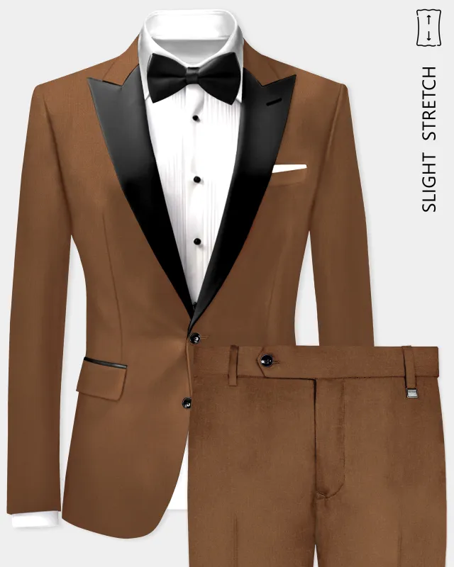 Bronze-Tawny Brown Solid Wool Rich Peak Lapel Tuxedo Slight Stretch Suit sold by French Crown