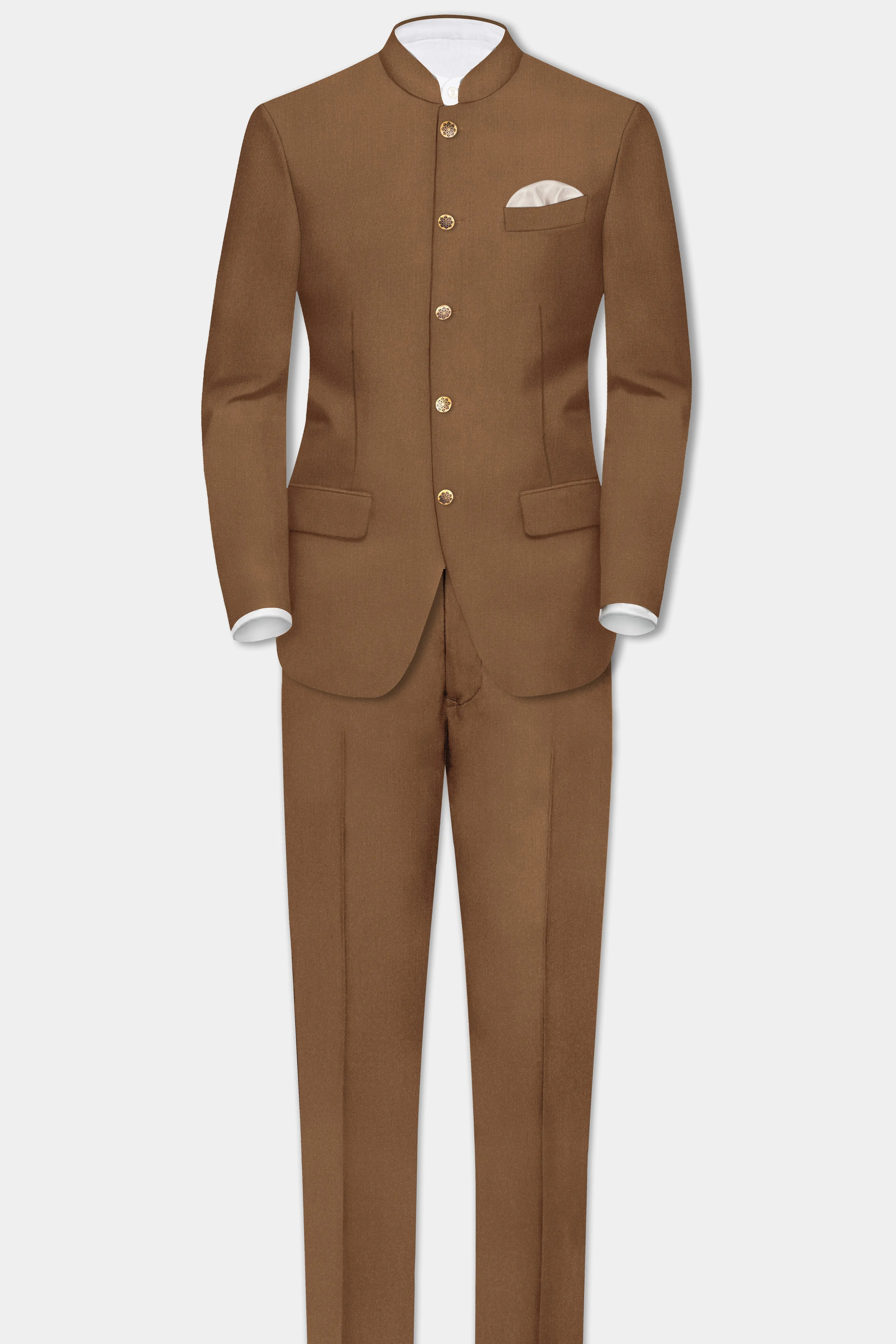 Bronze-Tawny Brown Solid Wool Rich Bandhgala Slight Stretch Suit sold by French Crown product image thumbnail 4