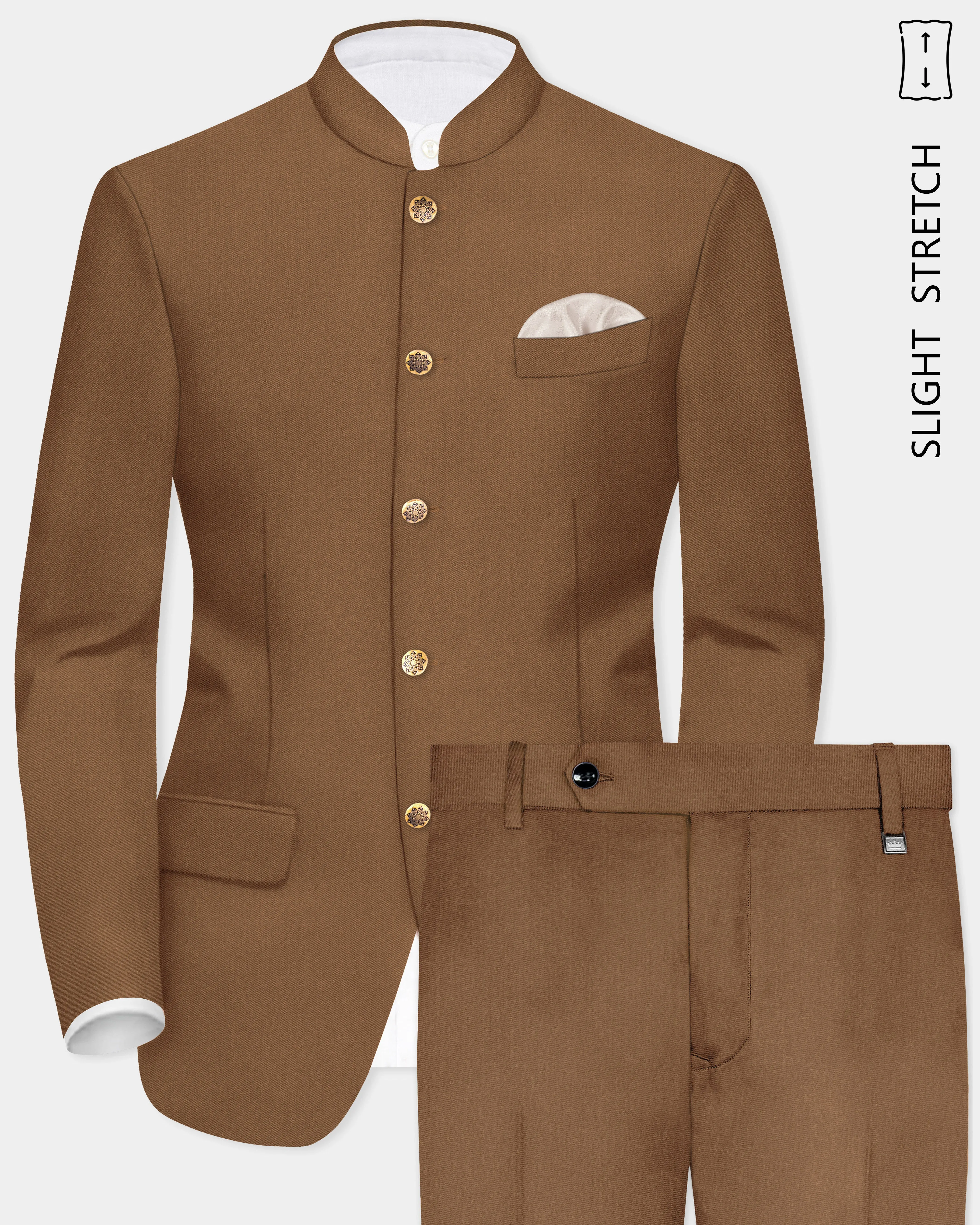 Bronze-Tawny Brown Solid Wool Rich Bandhgala Slight Stretch Suit sold by French Crown