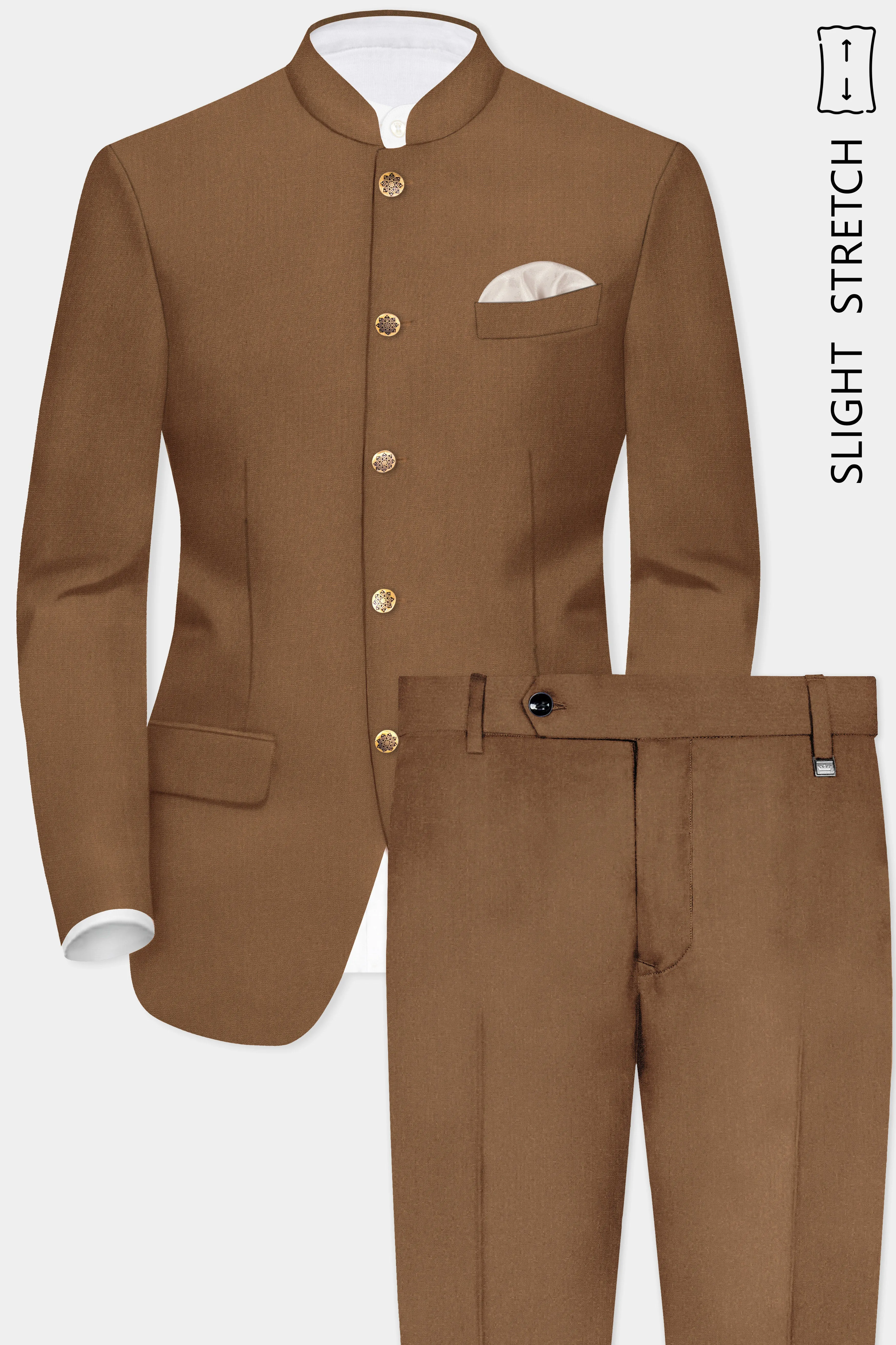 Bronze-Tawny Brown Solid Wool Rich Bandhgala Slight Stretch Suit sold by French Crown product image thumbnail 2