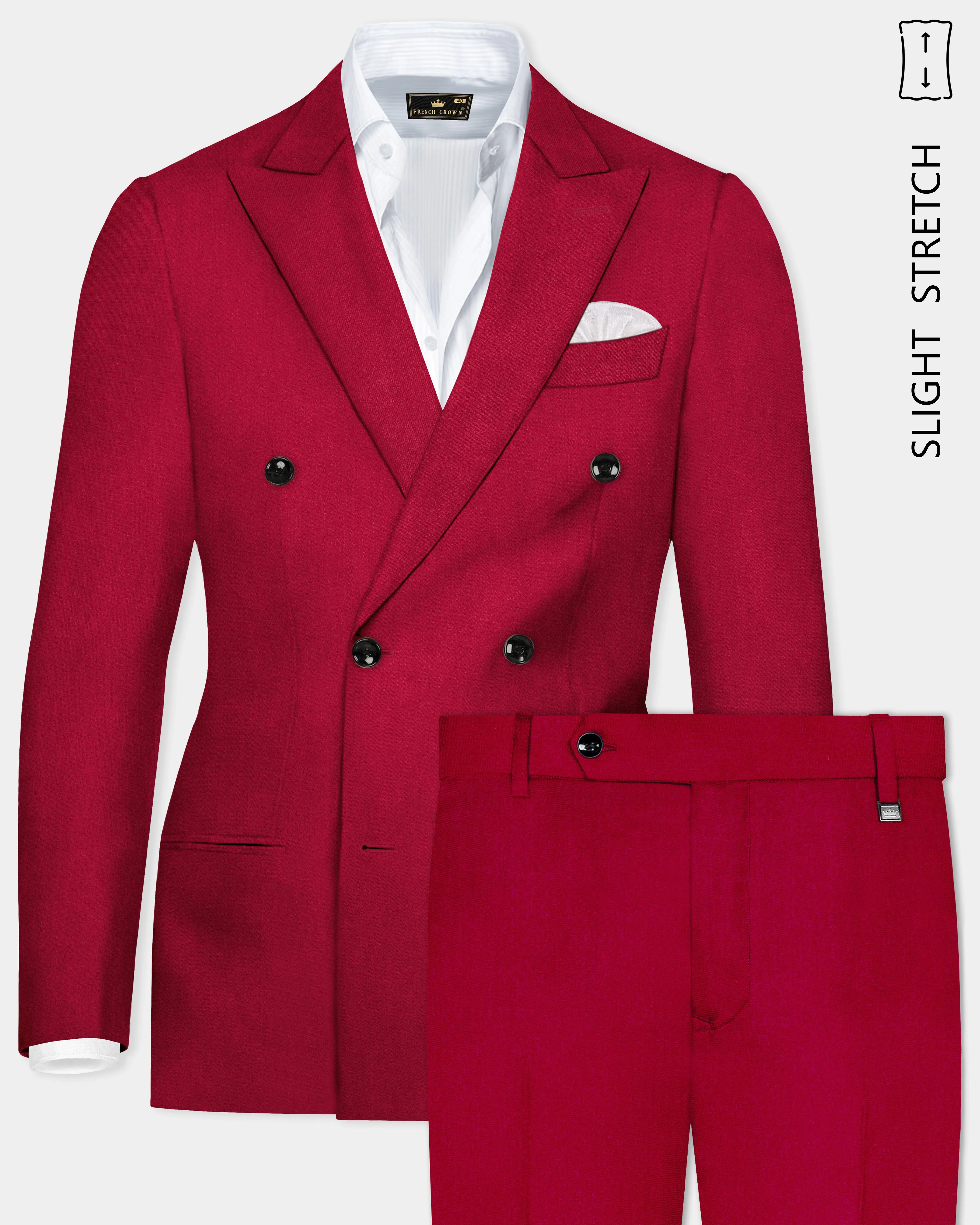 Vermilion-Chili Red Solid Wool Rich Double Breasted Slight Stretch Suit sold by French Crown