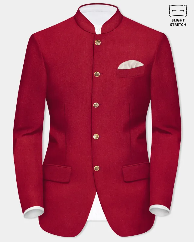 Vermilion-Chili Red Solid Wool Rich Bandhgala Slight Stretch Blazer sold by French Crown