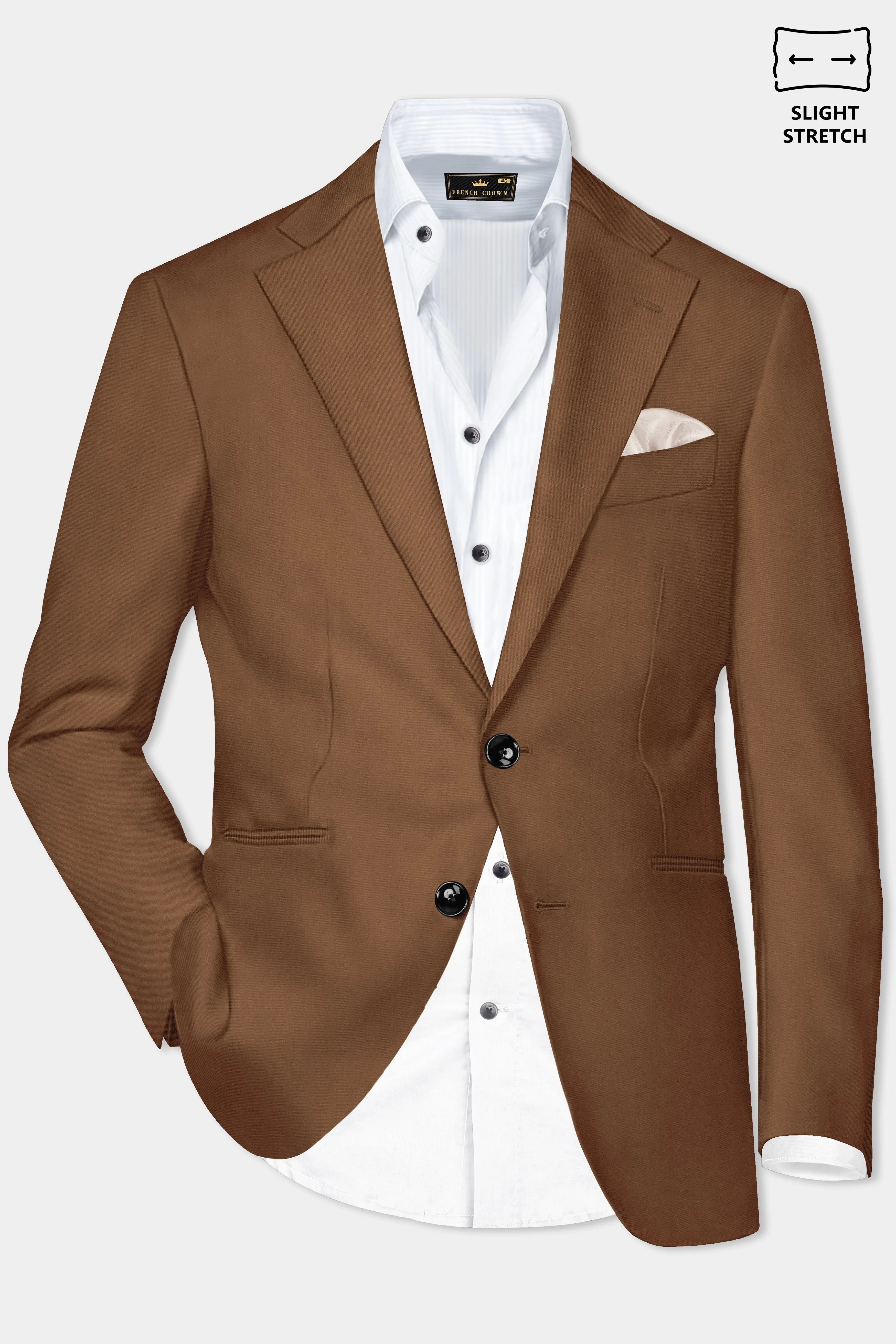Bronze-Tawny Brown Solid Wool Rich Single Breasted Slight Stretch Blazer sold by French Crown product image thumbnail 2