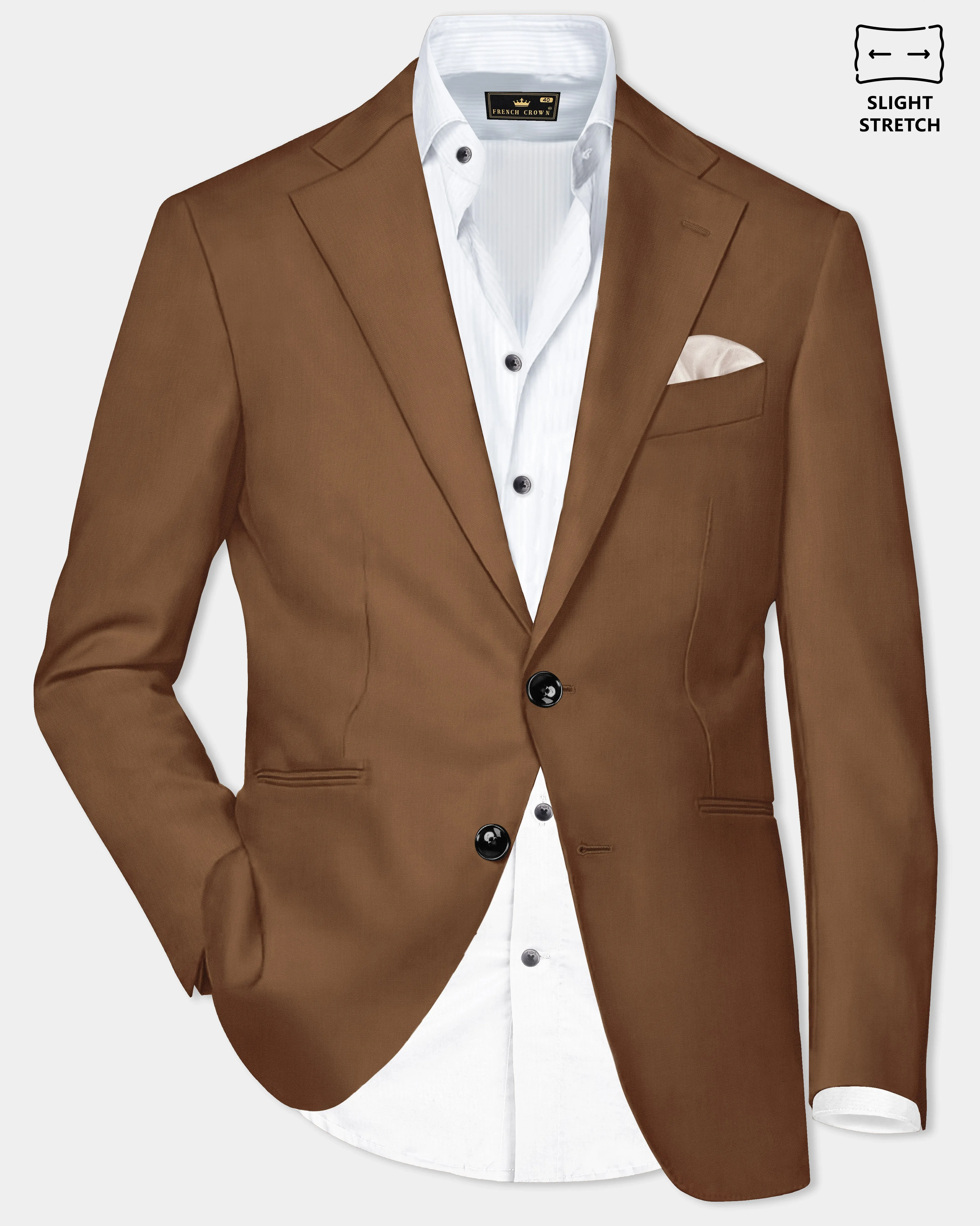 Bronze-Tawny Brown Solid Wool Rich Single Breasted Slight Stretch Blazer sold by French Crown