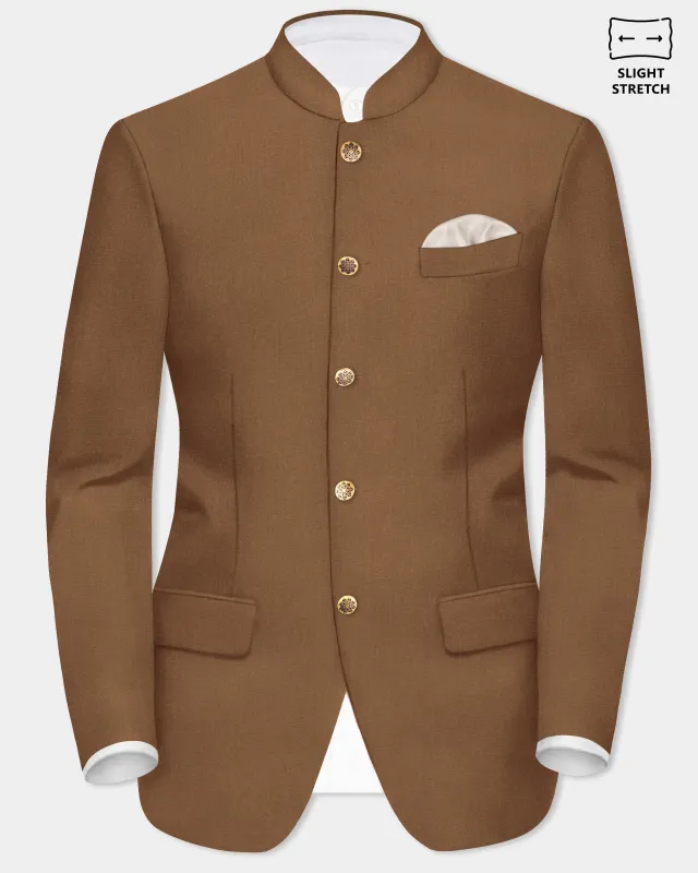 Bronze-Tawny Brown Solid Wool Rich Bandhgala Slight Stretch Blazer sold by French Crown