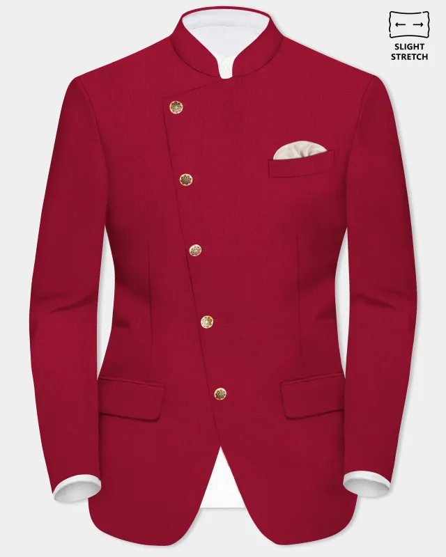 Vermilion-Chili Red Solid Wool Rich Cross Placket Bandhgala Slight Stretch Blazer sold by French Crown