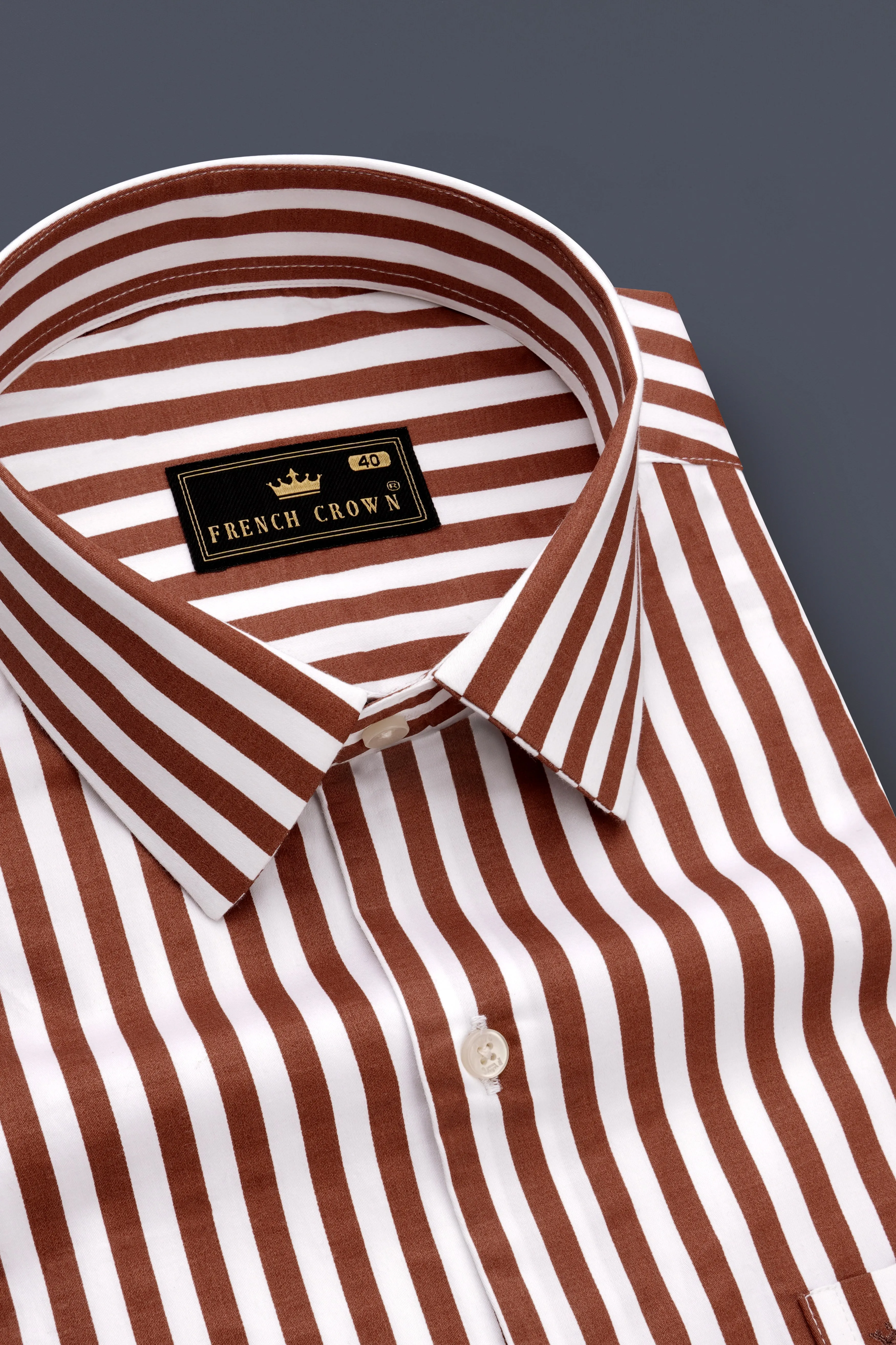 Brunoro-Ironstone Brown And Bright White Candy Striped Subtle Sheen Super Soft Premium Cotton Dress Shirt sold by French Crown product image thumbnail 4