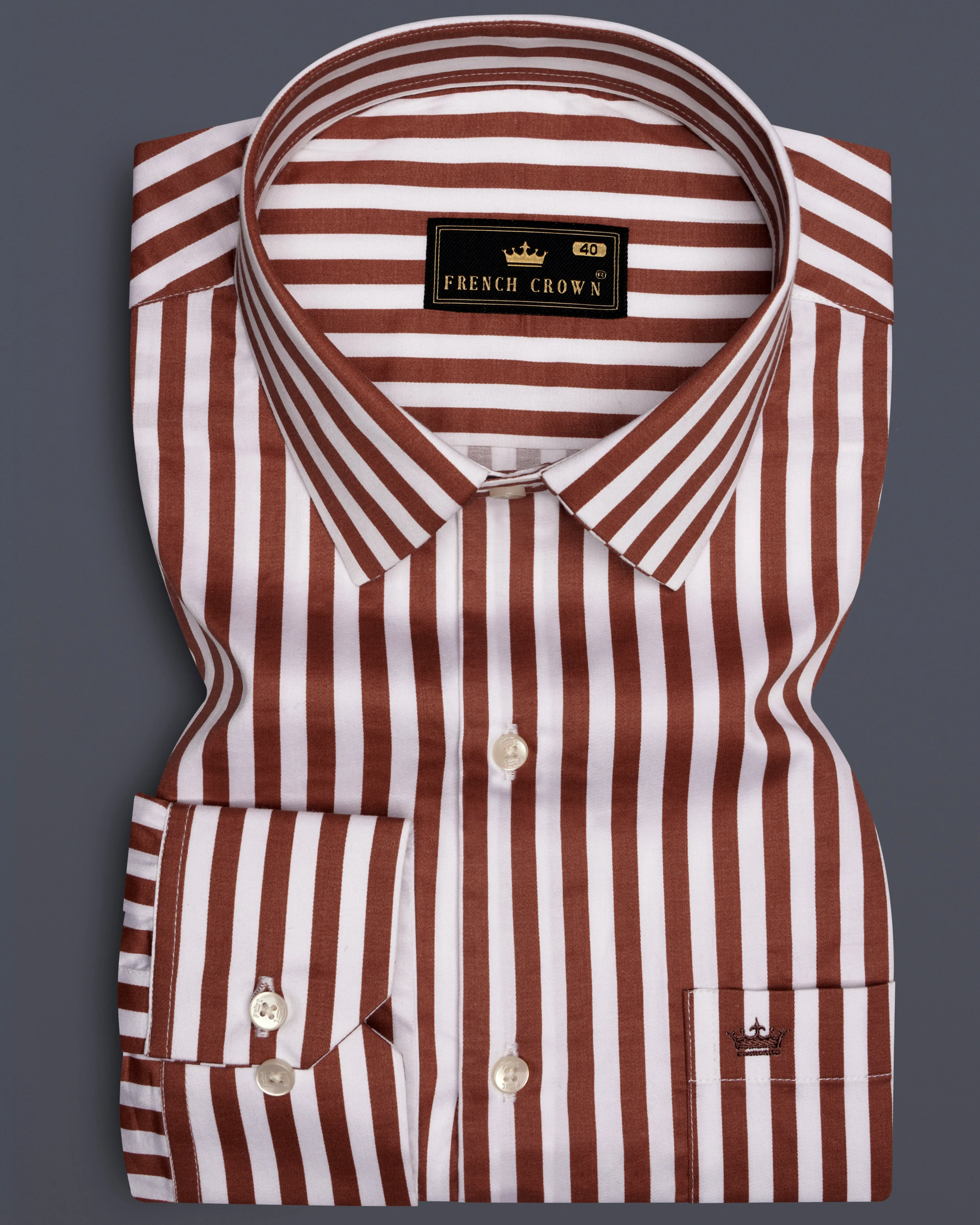 Brunoro-Ironstone Brown And Bright White Candy Striped Subtle Sheen Super Soft Premium Cotton Dress Shirt sold by French Crown