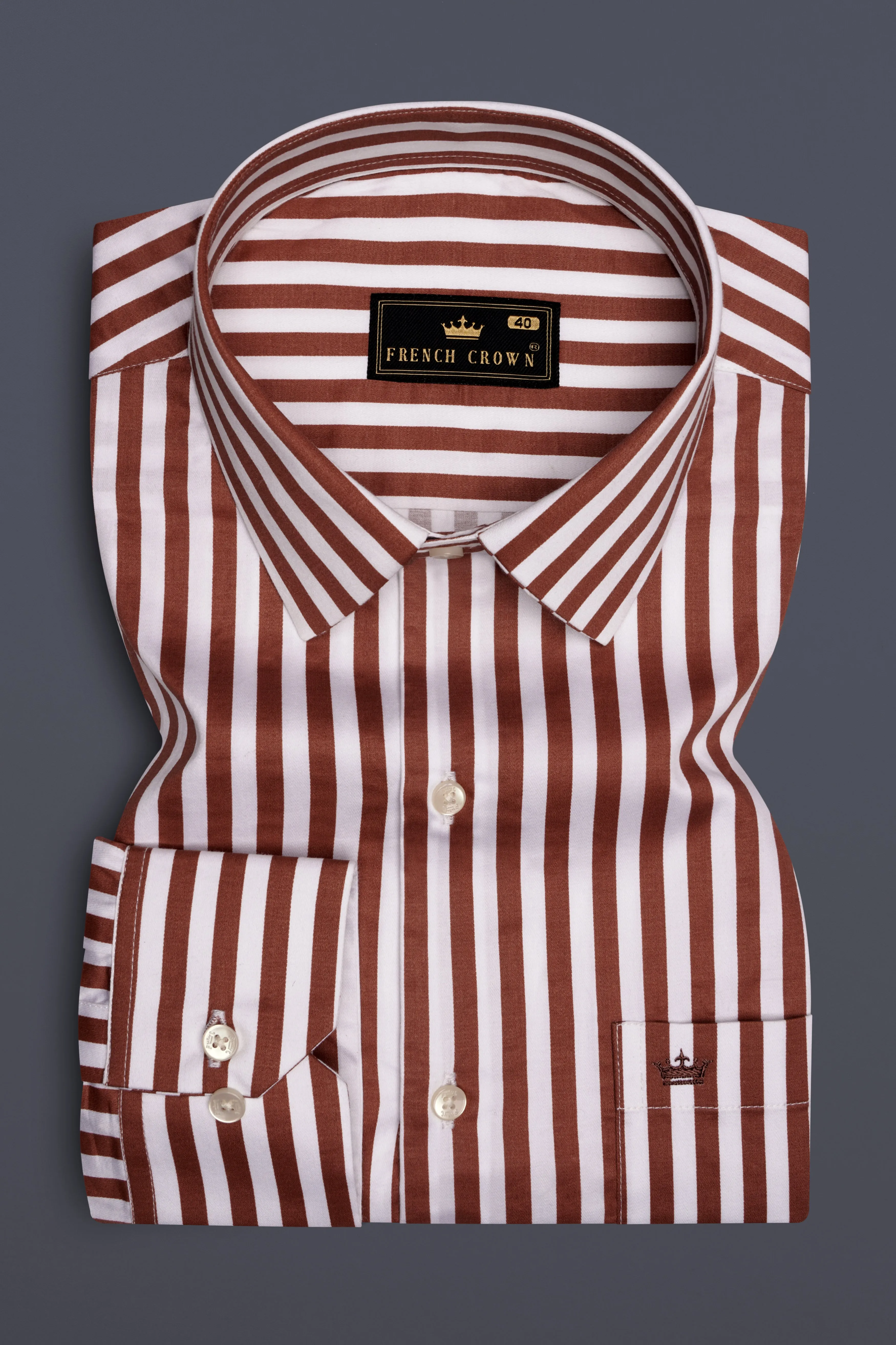 Brunoro-Ironstone Brown And Bright White Candy Striped Subtle Sheen Super Soft Premium Cotton Dress Shirt sold by French Crown product image thumbnail 2