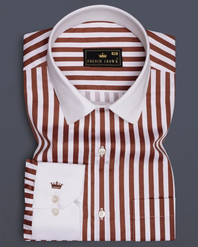 Brunoro-Ironstone Brown And Bright White Candy Striped Subtle Sheen Super Soft Premium Cotton White Cuff Collar Dress Shirt sold by French Crown