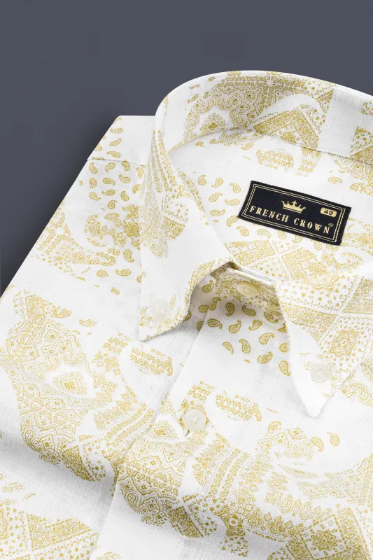 Bright White with Ancient art Inspired Print Luxurious Linen Shirt sold by French Crown