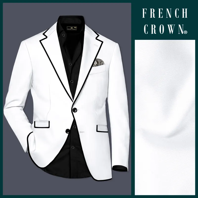Zenith-Bright White Stretchable Subtle Sheen with Black Border Patterned Designer Blazer sold by French Crown