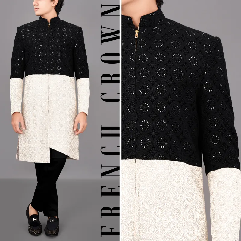 Jade Black with Eggshell Cream and Sequence Embroidered Indo-Western with Kurta and Pants Set sold by French Crown