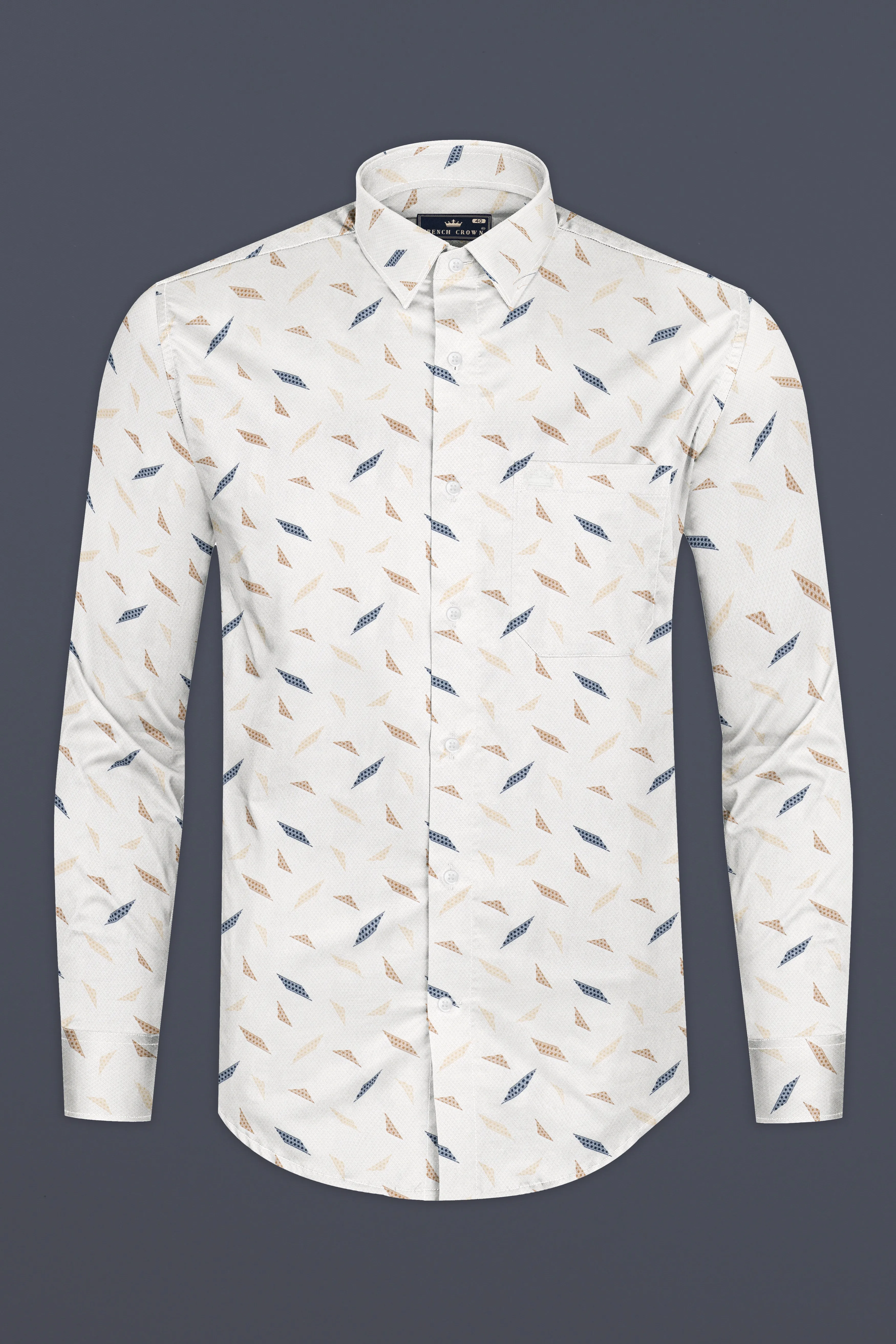 Bright White with brown and blue printed Dobby Textured Premium Giza Cotton Shirt sold by French Crown product image thumbnail 4