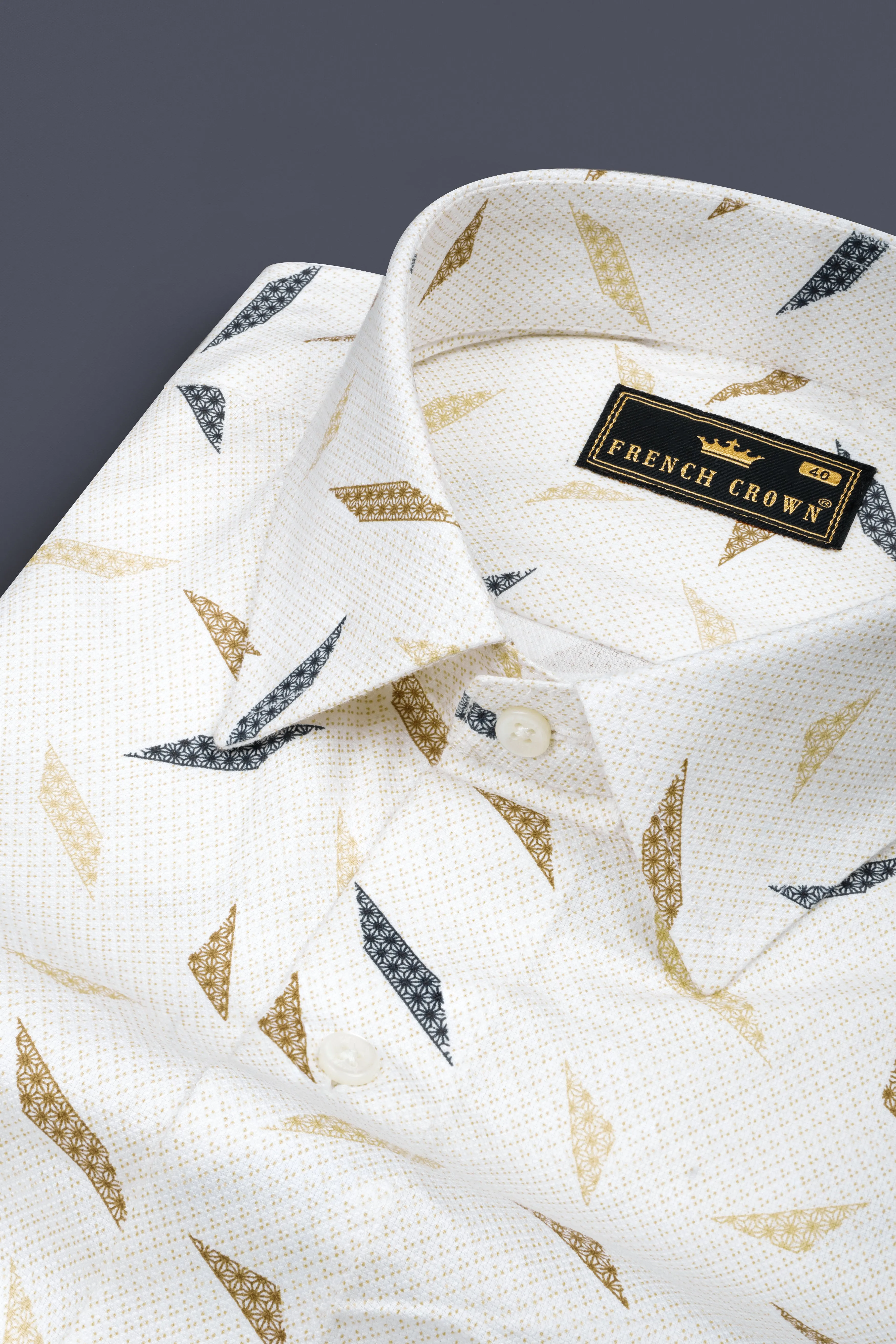 Bright White with brown and blue printed Dobby Textured Premium Giza Cotton Shirt sold by French Crown