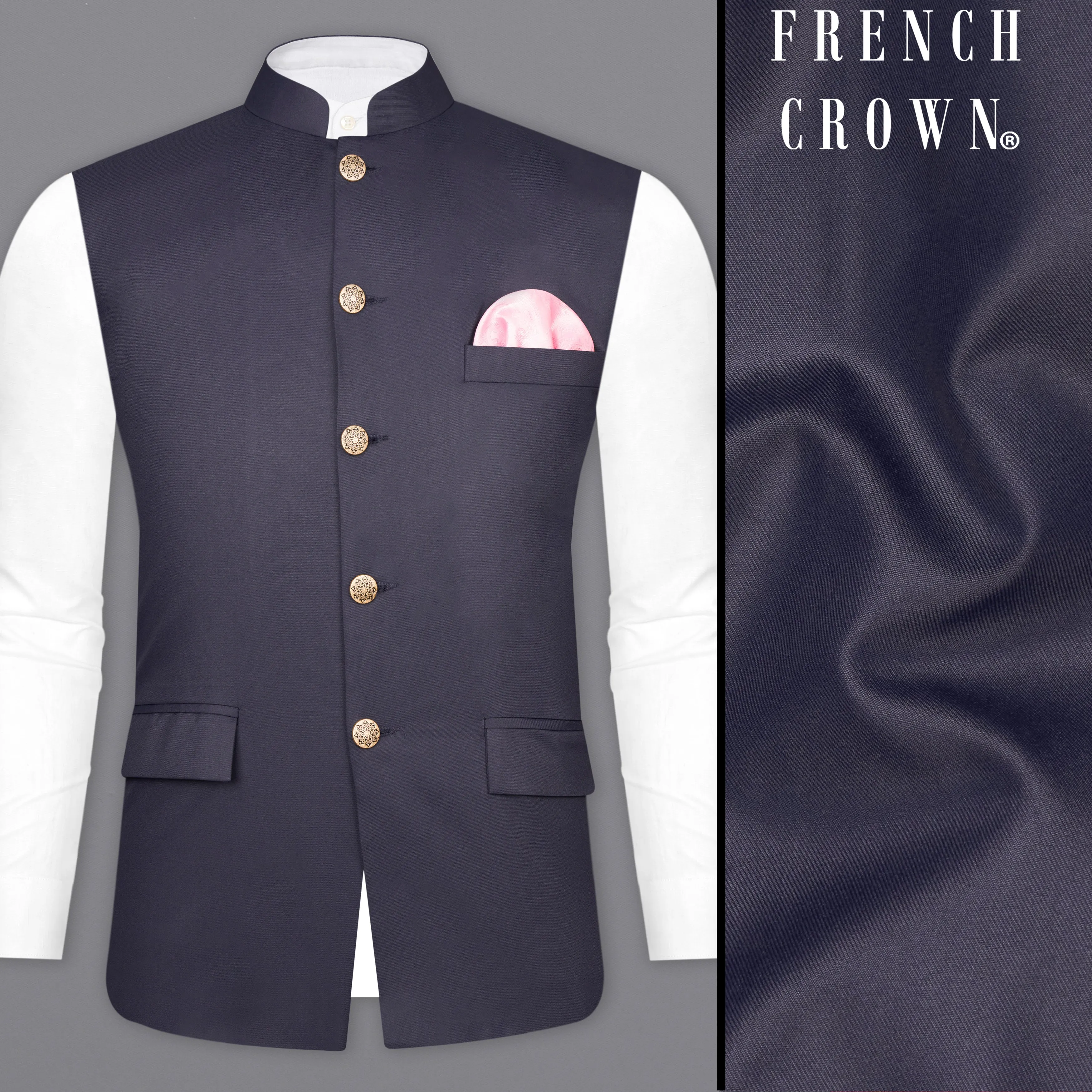 Gunmetal Blue Solid Nehru Jacket sold by French Crown