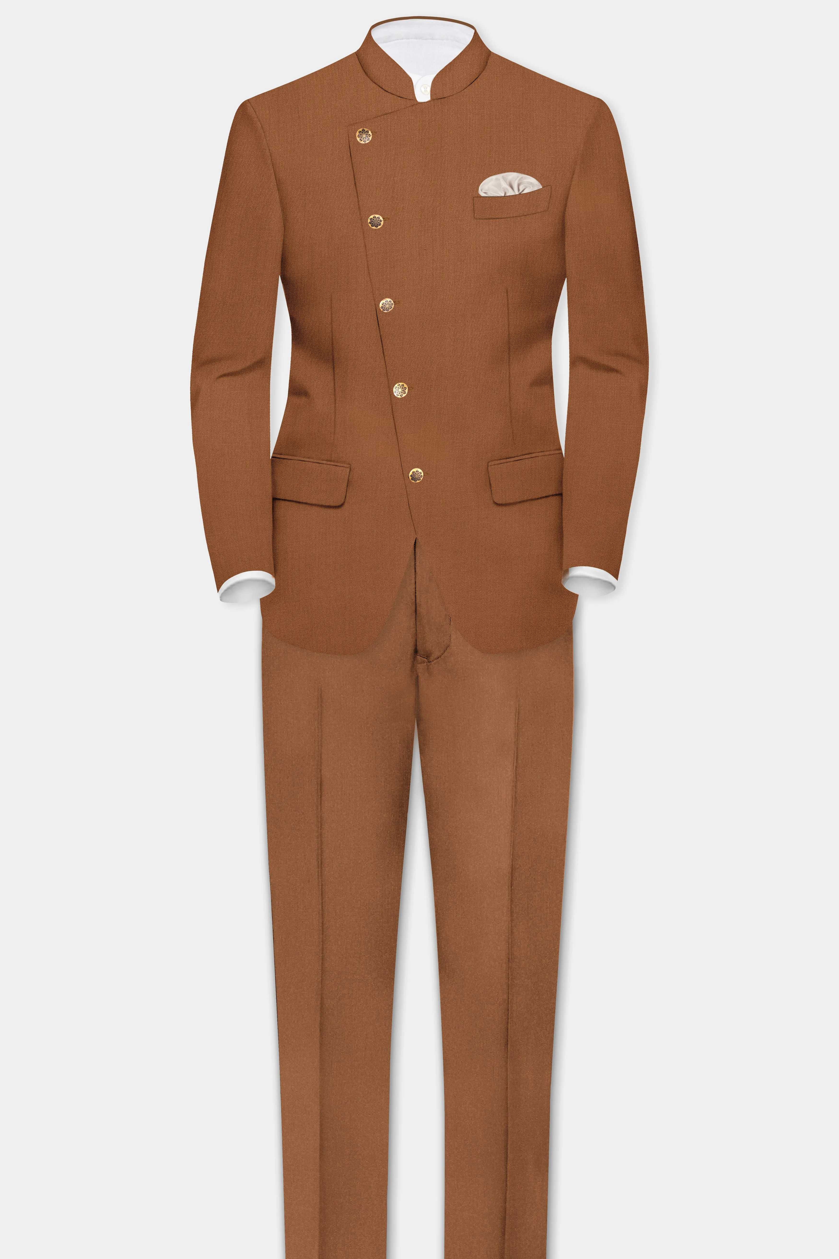 Cinnamon Oak-Sienna Brown Solid Wool Rich Cross Placket Bandhgala Slight Stretch Suit sold by French Crown product image thumbnail 4