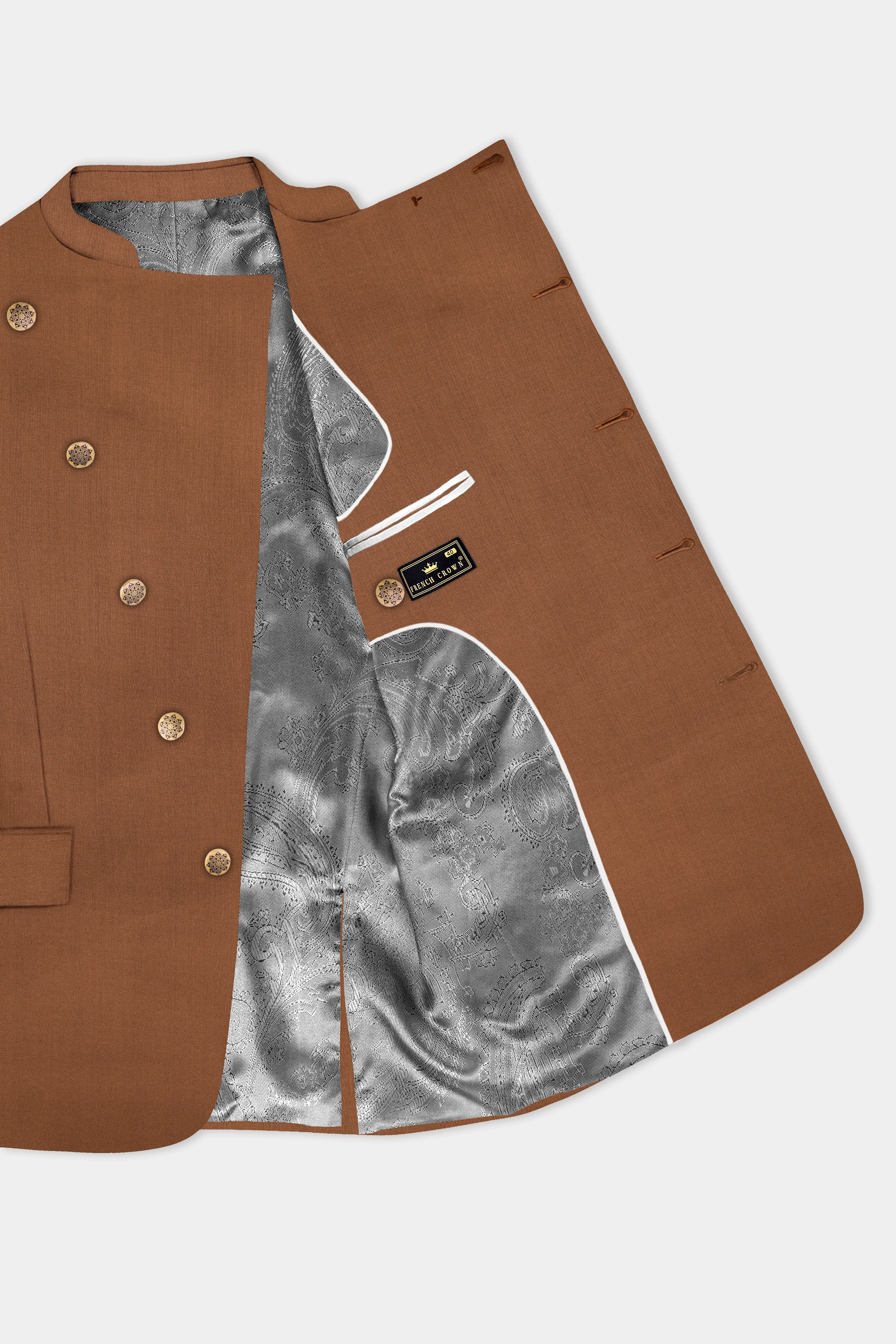 Cinnamon Oak-Sienna Brown Solid Wool Rich Cross Placket Bandhgala Slight Stretch Suit sold by French Crown product image thumbnail 5