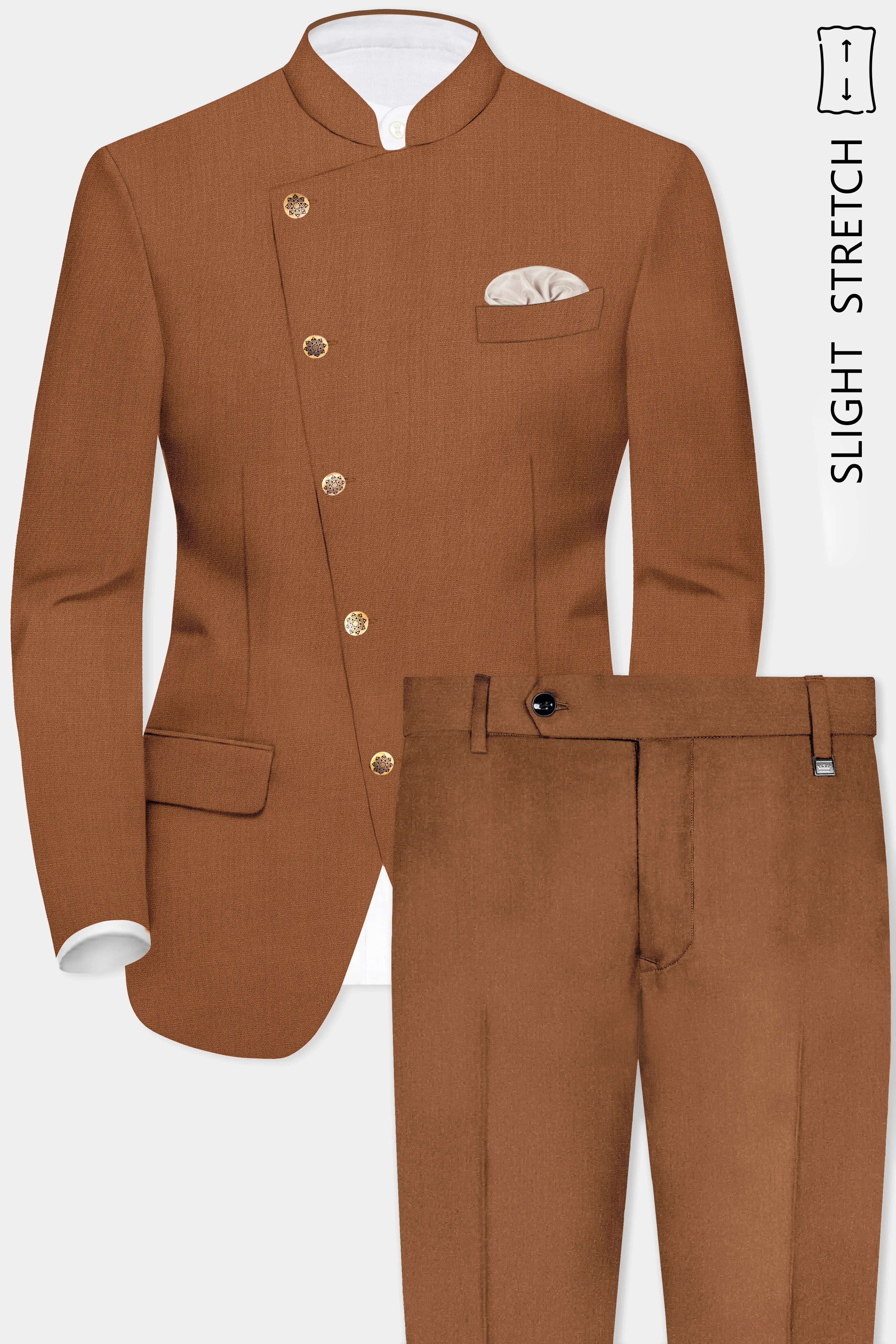 Cinnamon Oak-Sienna Brown Solid Wool Rich Cross Placket Bandhgala Slight Stretch Suit sold by French Crown product image thumbnail 2