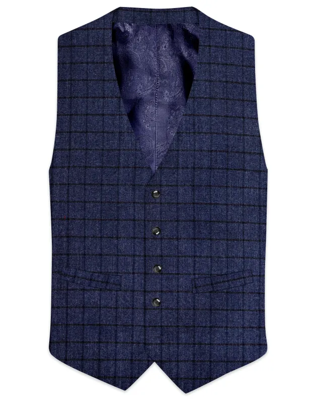Ebony Clay Blue Windowpane Tweed Waistcoat made by French Crown