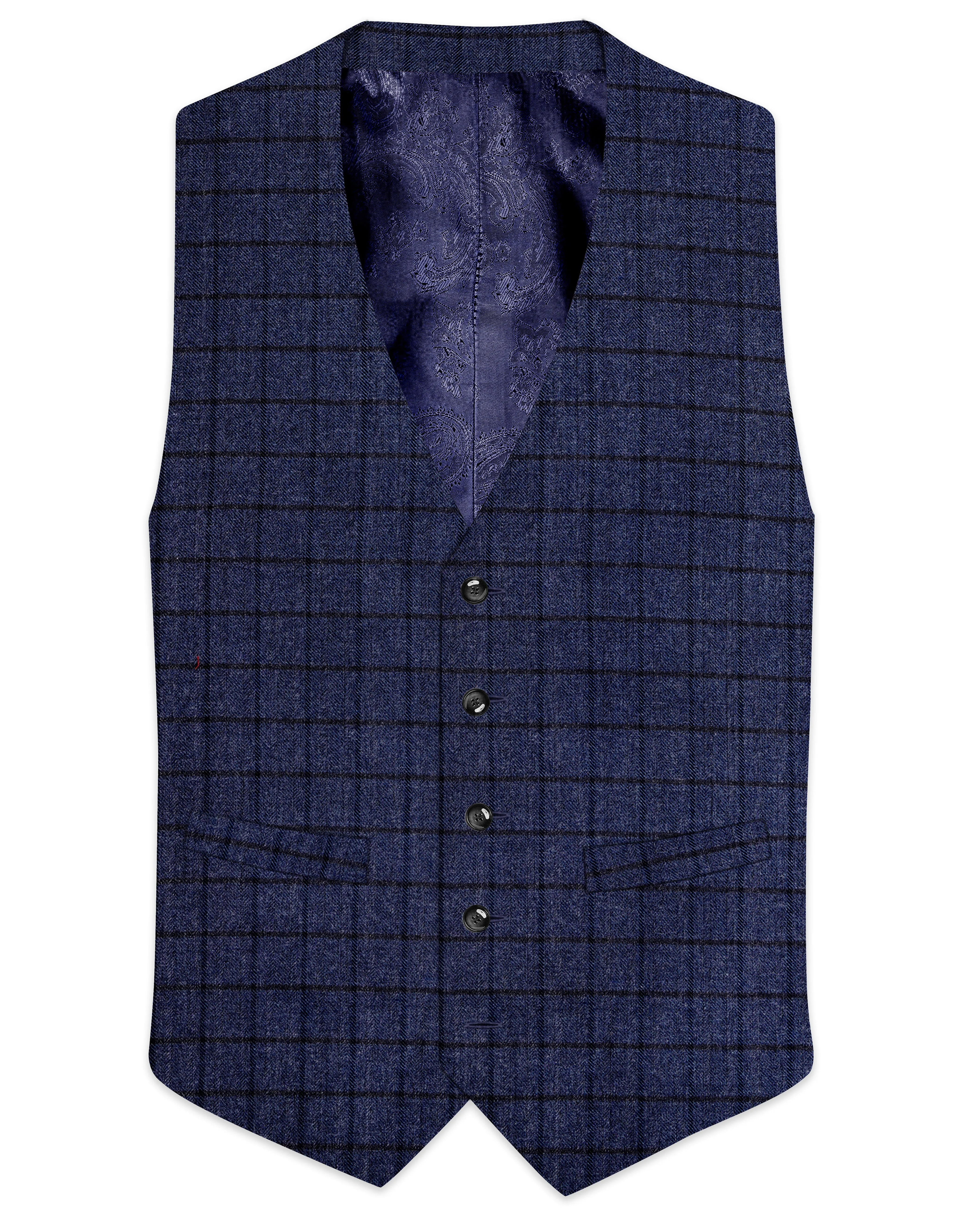 Ebony Clay Blue Windowpane Tweed Waistcoat sold by French Crown