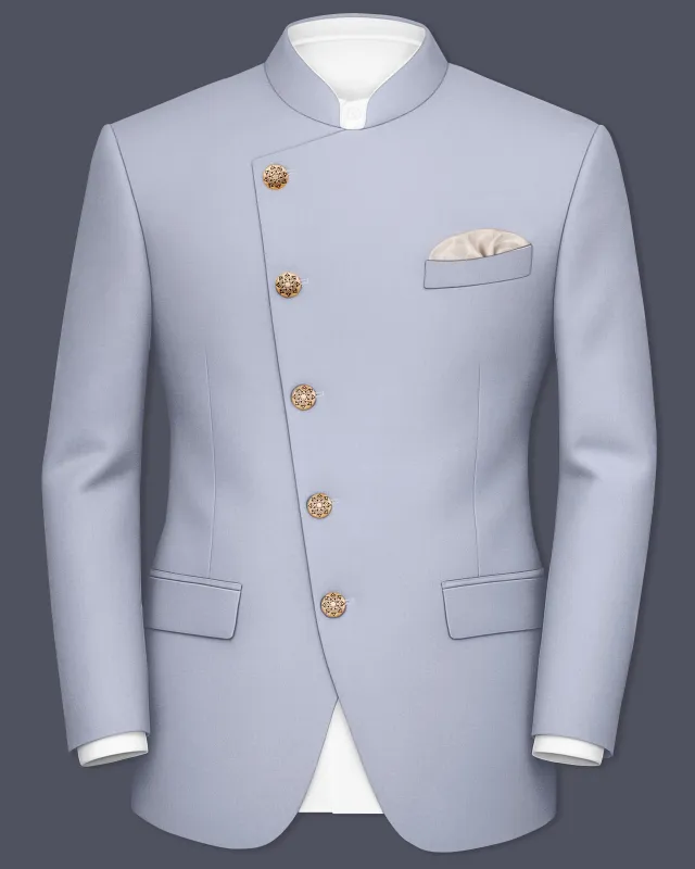 Silgrove-Loblolly Gray Wool Rich Cross Placket Bandhgala Slight Stretch Blazer sold by French Crown