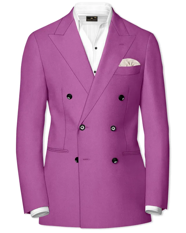 Rosvoy-Trendy Pink Wool Rich Double Breasted Slight Stretch Blazer made by French Crown
