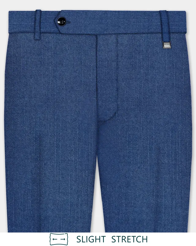 Marinoir-Cello Blue Solid Wool Rich Slight Stretch Waistband Pant sold by French Crown