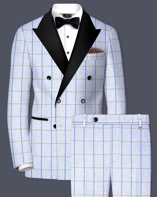 Mobster Blue Checkered Double Breasted Black Lapel Designer Suit sold by French Crown