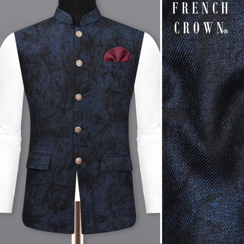 Ebony Blue Vulcan Black Textured Nehru Jacket sold by French Crown