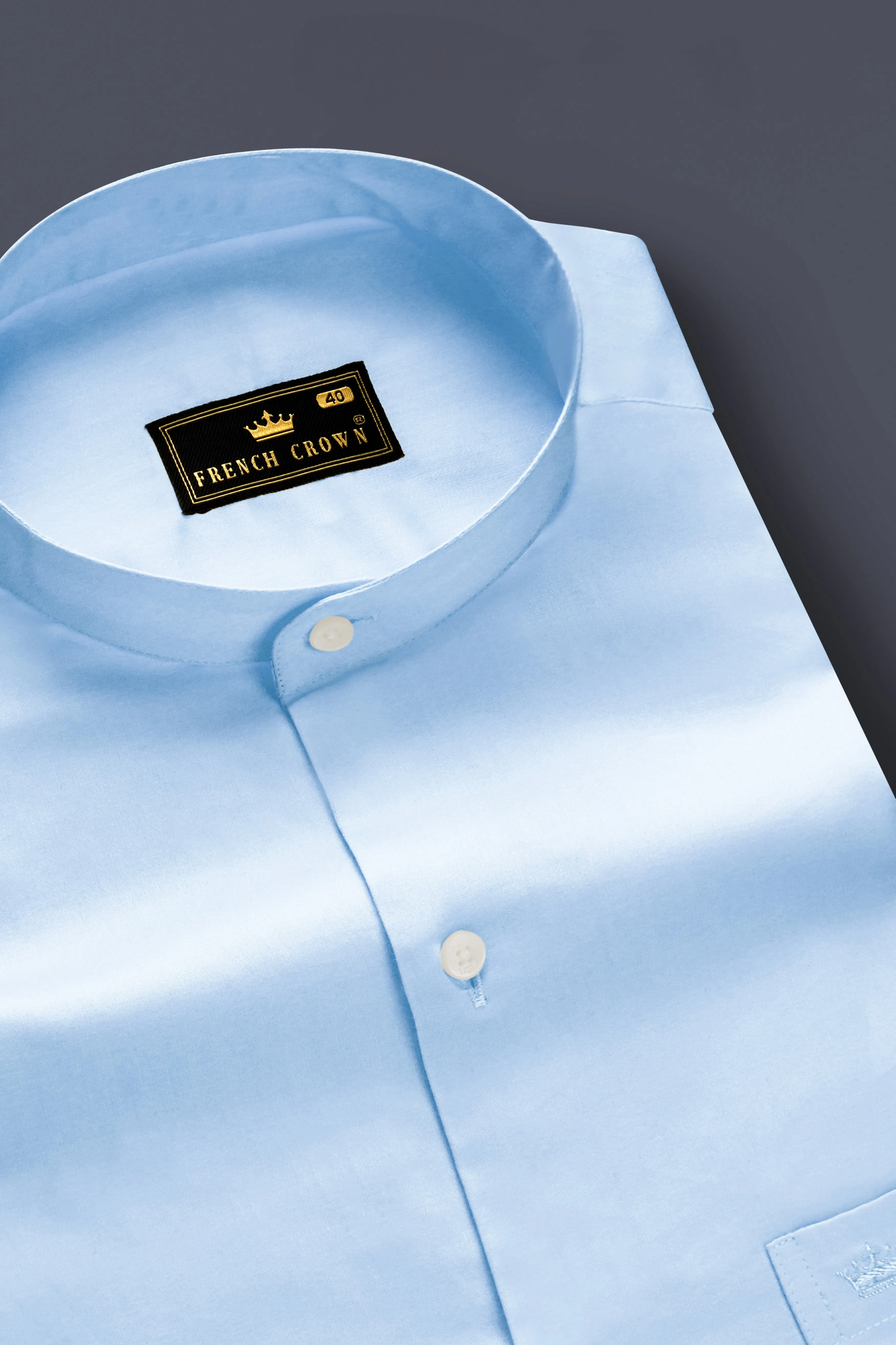Serene Sky-Periwinkle Blue Solid Subtle Sheen Super Soft Premium Cotton Semi Formal Mandarin Collar Shirt sold by French Crown product image thumbnail 2