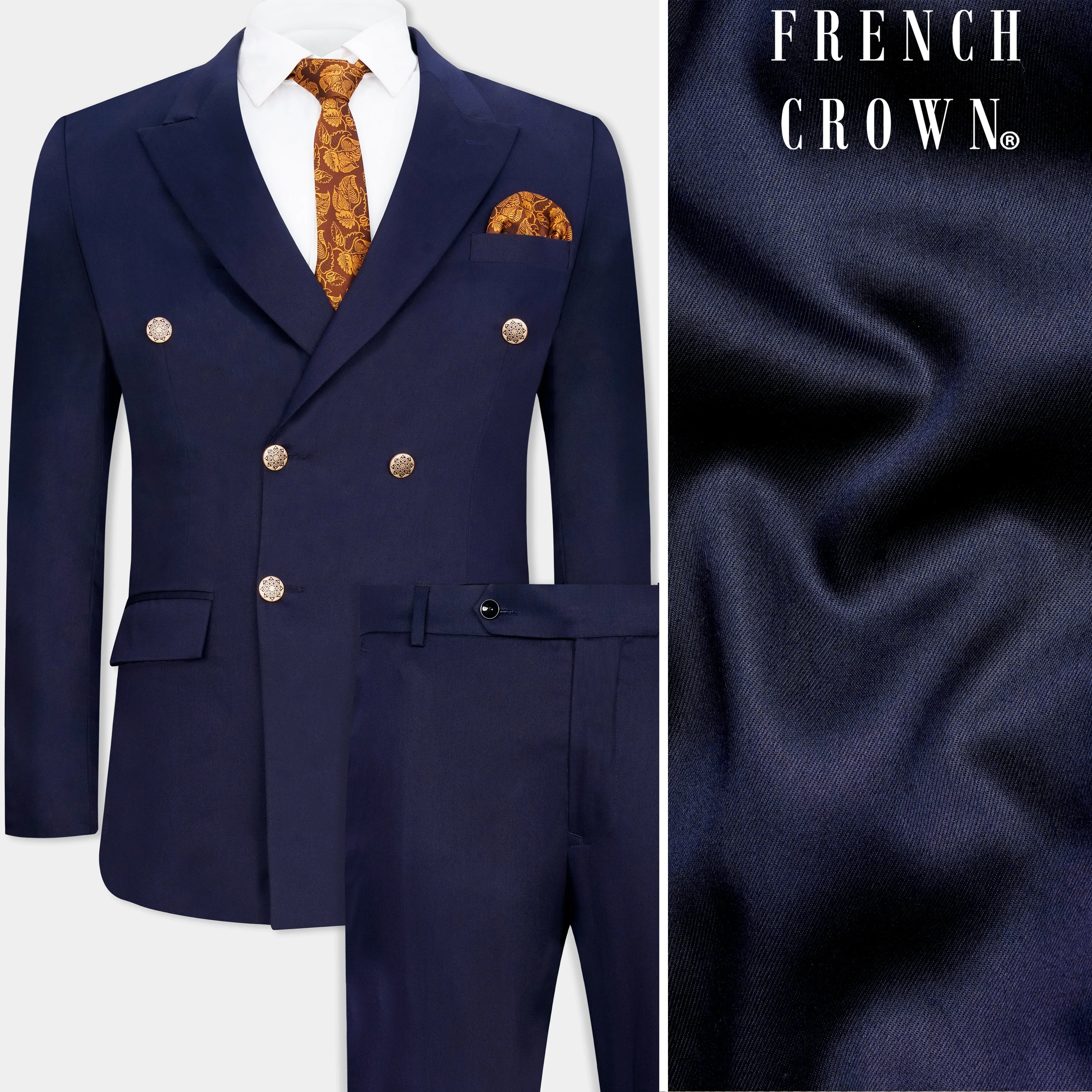 Ebony Clay Blue Wool Rich Double Breasted Suit sold by French Crown