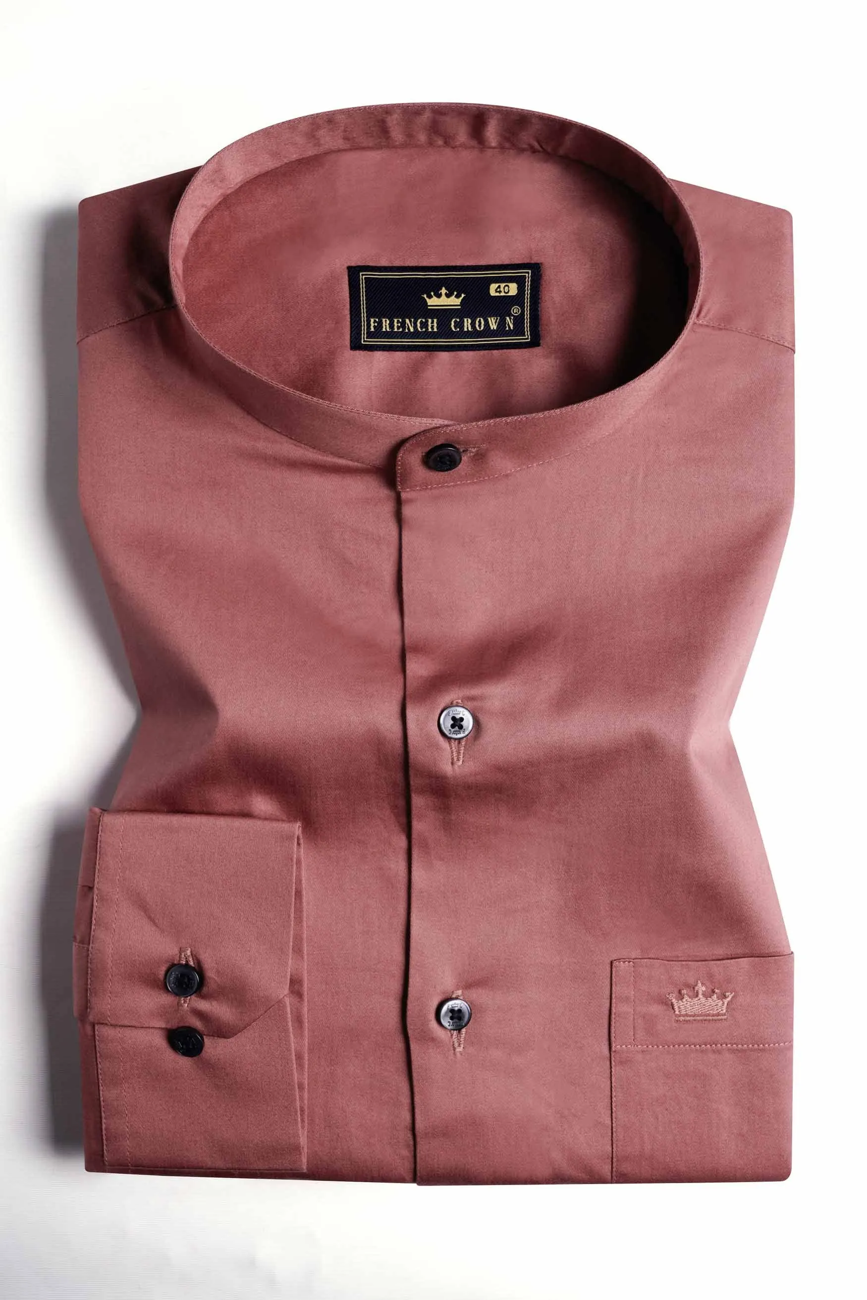 Coral Pink Subtle Sheen Super Soft Premium Cotton Mandarin Shirt sold by French Crown product image thumbnail 3