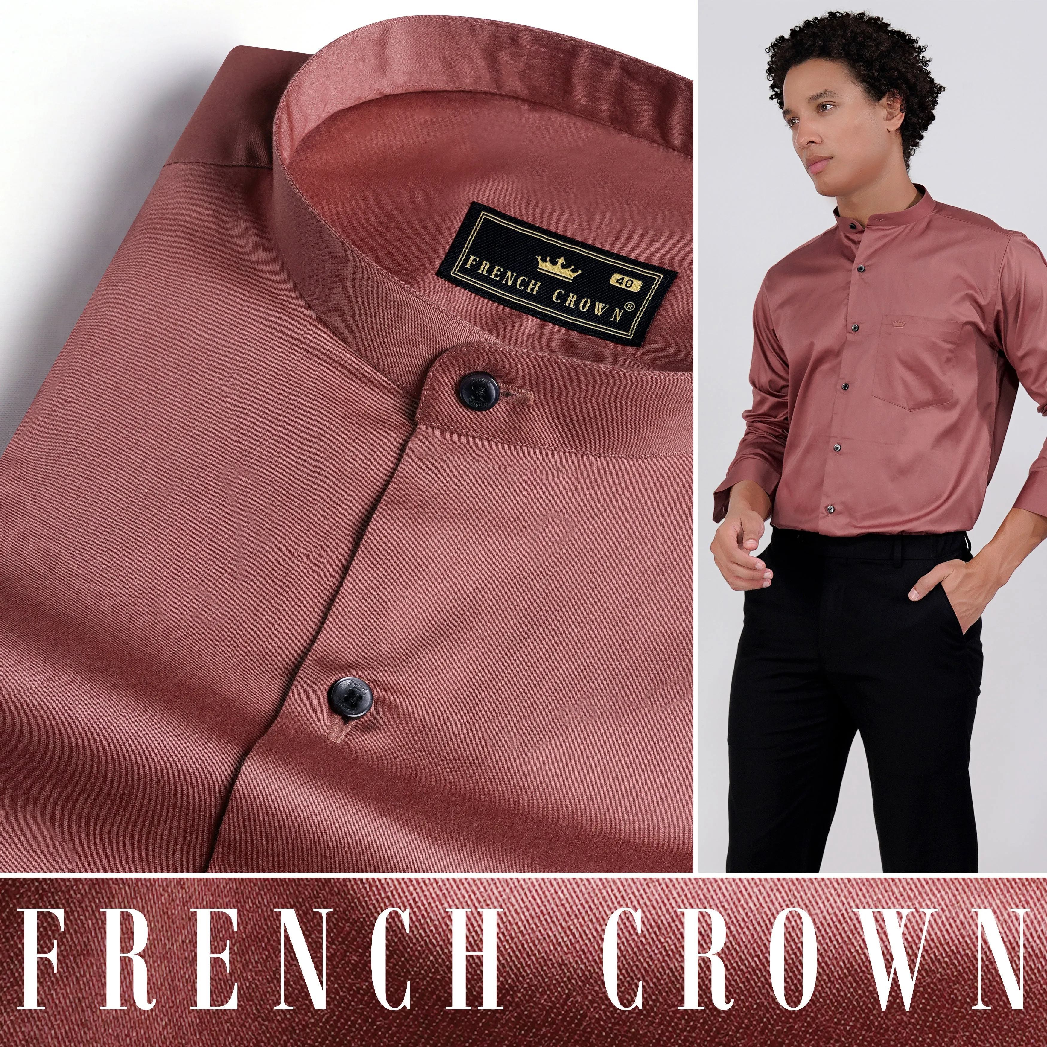 Coral Pink Subtle Sheen Super Soft Premium Cotton Mandarin Shirt sold by French Crown product image thumbnail 4