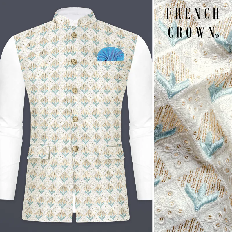Merino Cream And Gothic Blue Sequin Designer Thread Embroidered Nehru Jacket sold by French Crown
