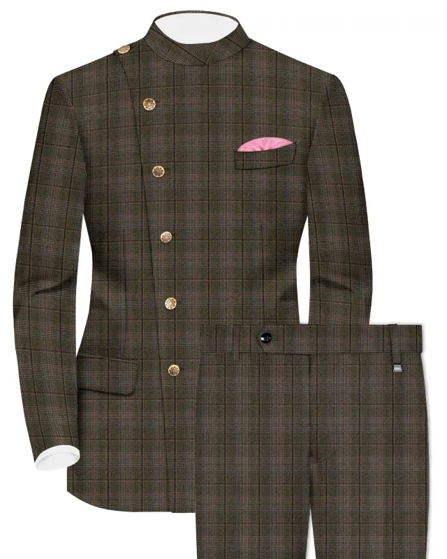 Fuscous Green and Bistre Brown Plaid Wool Rich Cross Placket Bandhgala Suit sold by French Crown