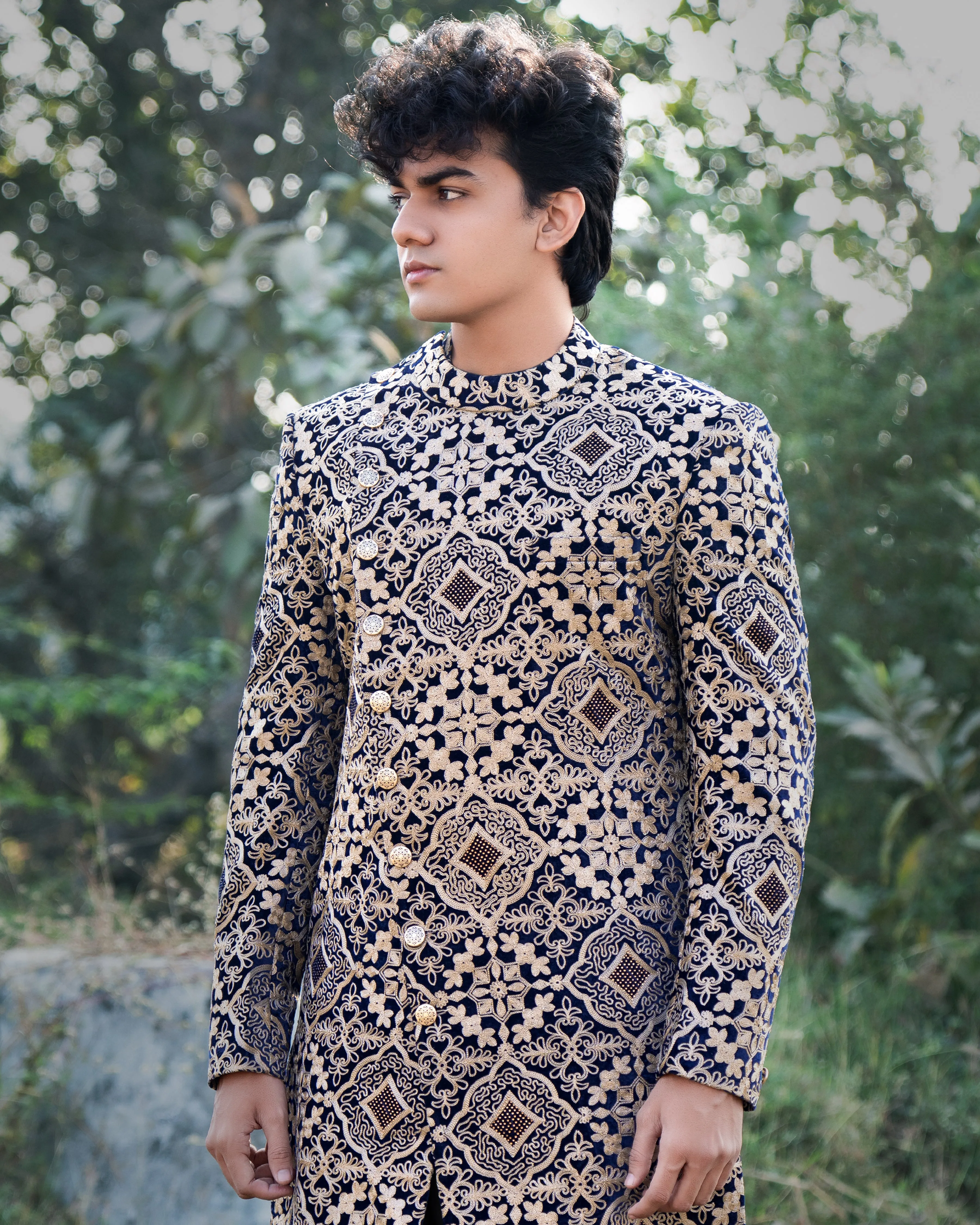 Jaguar Black Velvet Embroidered and Tikki Work Sherwani with Kurta, Dhoti Set sold by French Crown product image thumbnail 5