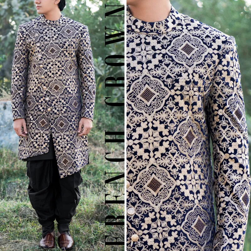 Jaguar Black Velvet Embroidered and Tikki Work Sherwani with Kurta, Dhoti Set made by French Crown