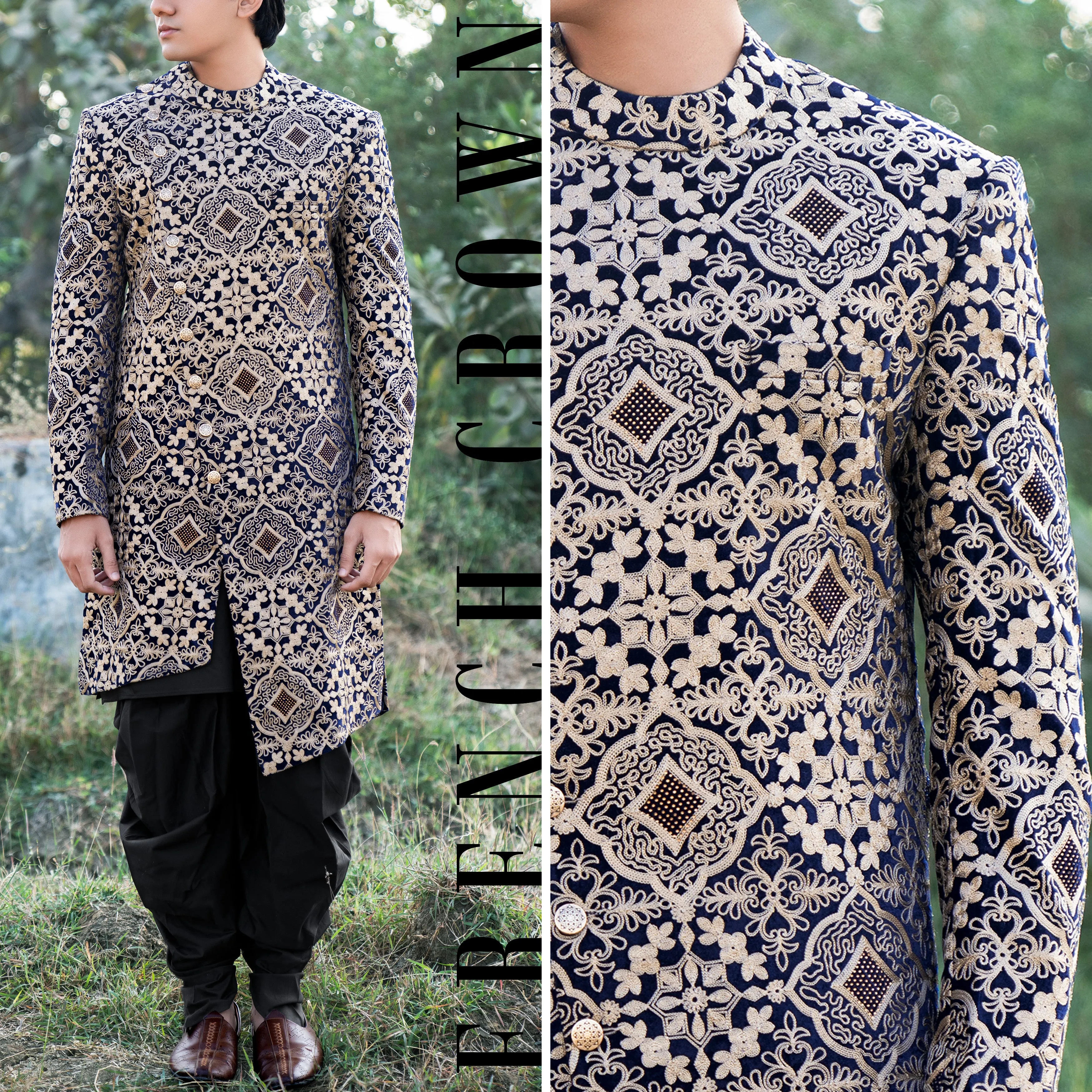 Jaguar Black Velvet Embroidered and Tikki Work Sherwani with Kurta, Dhoti Set sold by French Crown