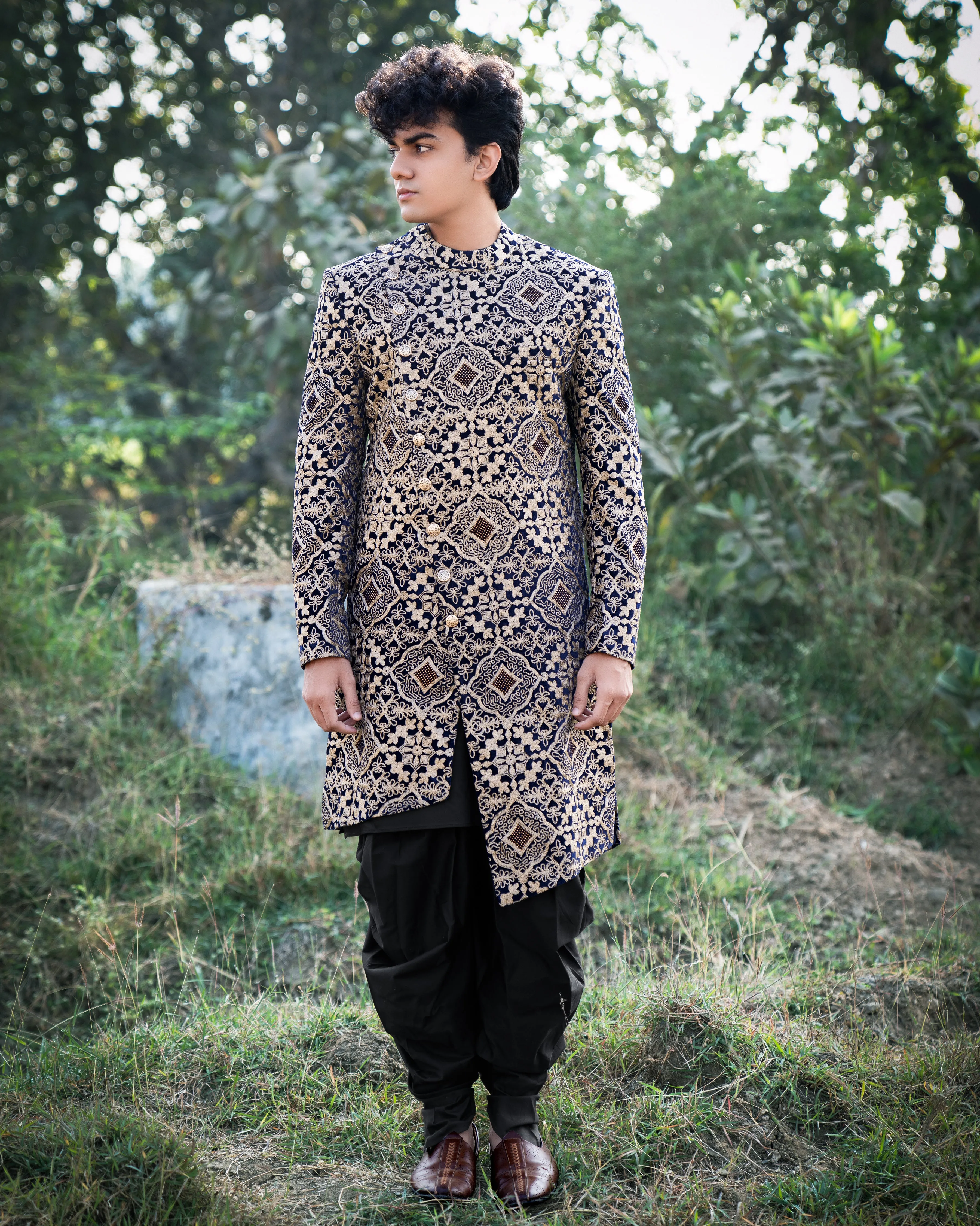 Jaguar Black Velvet Embroidered and Tikki Work Sherwani with Kurta, Dhoti Set sold by French Crown product image thumbnail 2