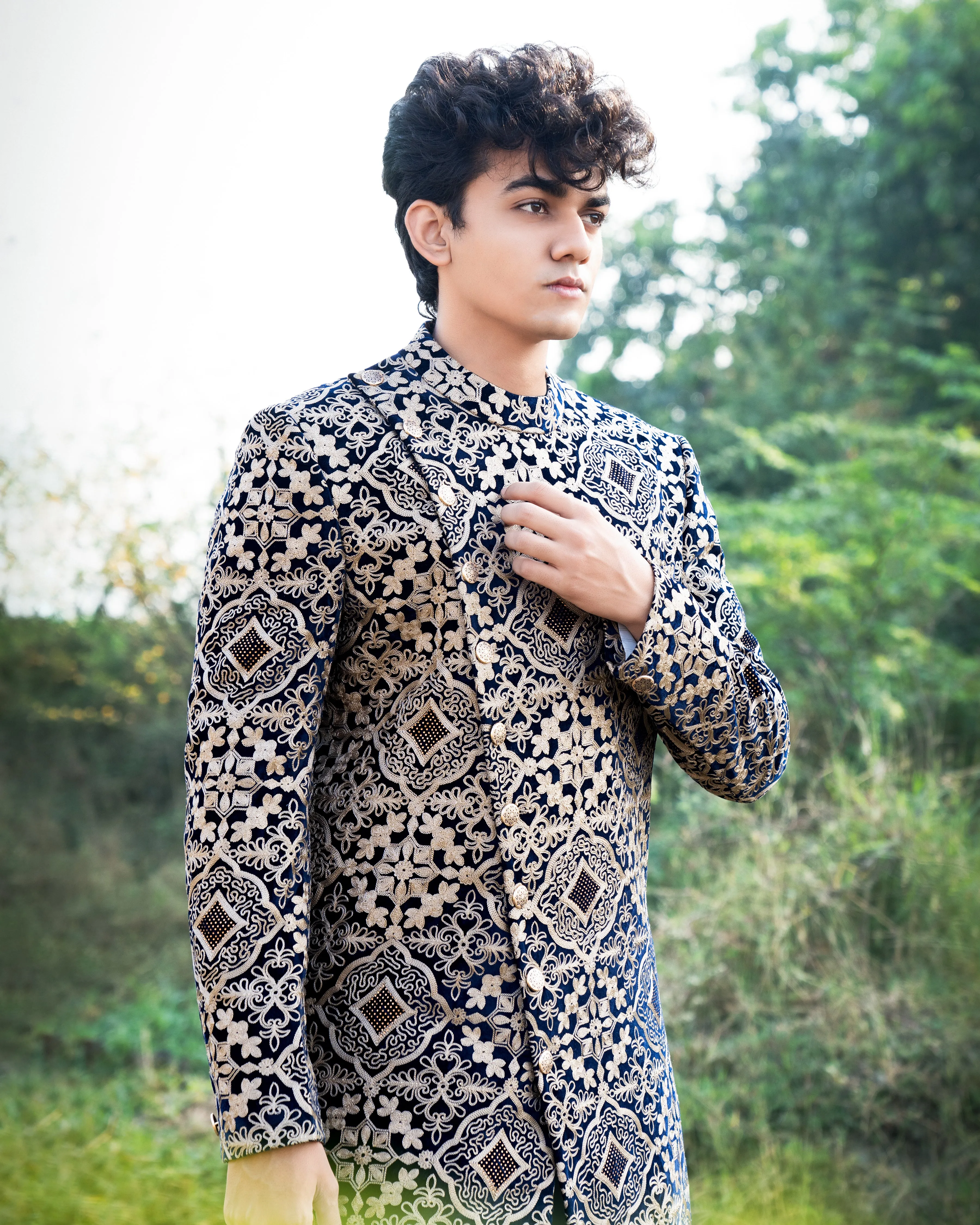 Jaguar Black Velvet Embroidered and Tikki Work Sherwani with Kurta, Dhoti Set sold by French Crown product image thumbnail 3