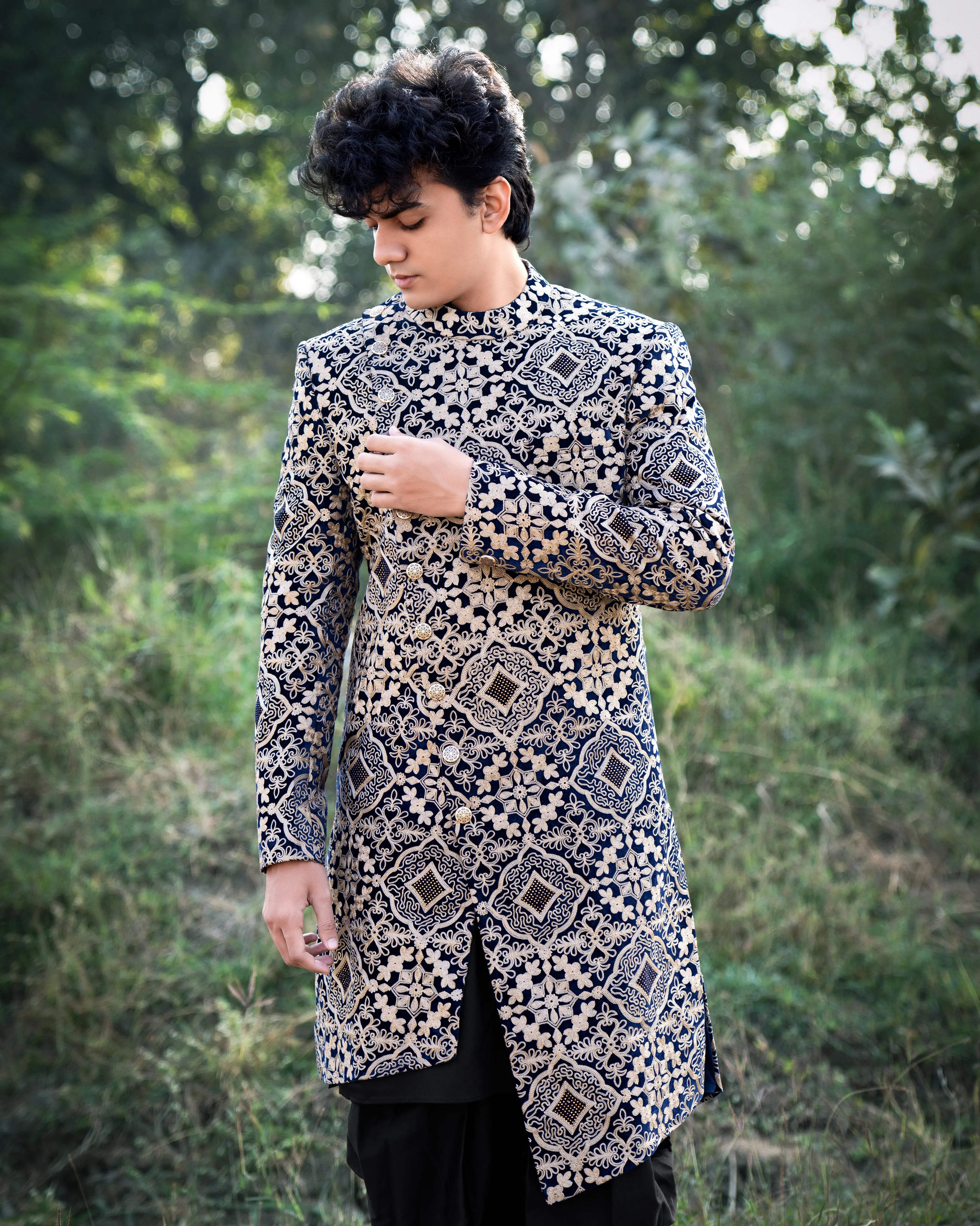 Jaguar Black Velvet Embroidered and Tikki Work Sherwani with Kurta, Dhoti Set sold by French Crown product image thumbnail 4